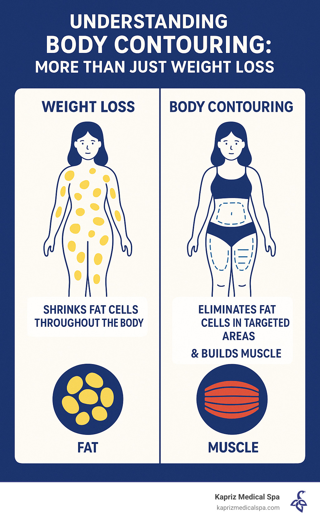 Infographic showing the difference between weight loss (shrinking fat cells throughout the body) and body contouring (eliminating fat cells in targeted areas while building muscle) - body contouring jacksonville fl infographic Infographic showing the difference between weight loss (shrinking fat cells throughout the body) and body contouring (eliminating fat cells in targeted areas while building muscle) - body contouring jacksonville fl infographic