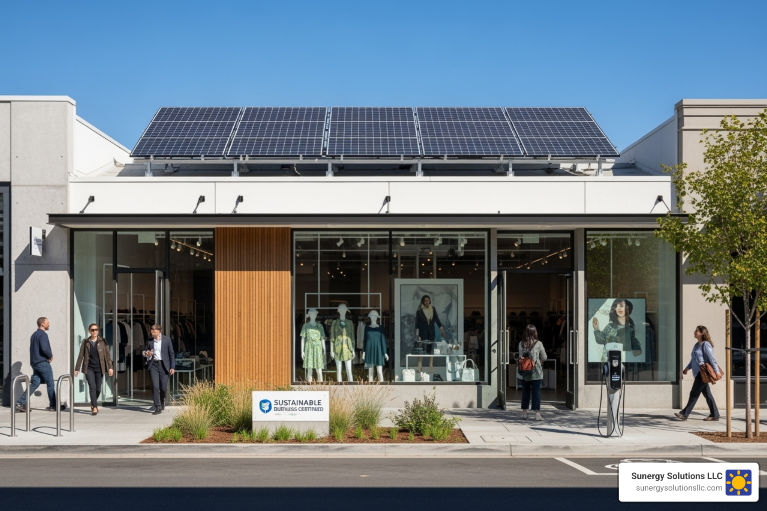 A business storefront in the US with a "Proudly Powered by Solar Energy" sign, reflecting a modern, sustainable image - commercial solar energy savings A business storefront in the US with a "Proudly Powered by Solar Energy" sign, reflecting a modern, sustainable image - commercial solar energy savings