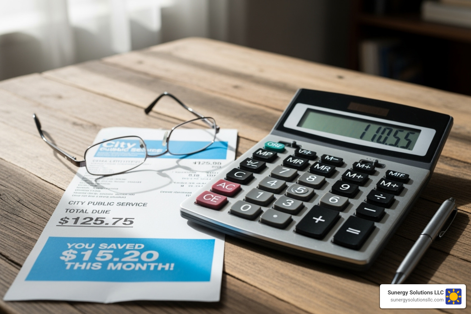 A utility bill next to a calculator showing significant savings for a US business - commercial solar energy savings A utility bill next to a calculator showing significant savings for a US business - commercial solar energy savings