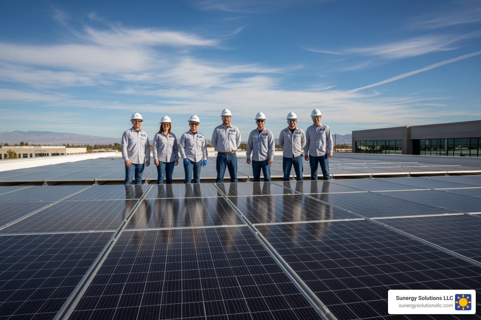 The Sunergy Solutions LLC team standing in front of a completed commercial solar project in the US - commercial solar energy savings The Sunergy Solutions LLC team standing in front of a completed commercial solar project in the US - commercial solar energy savings