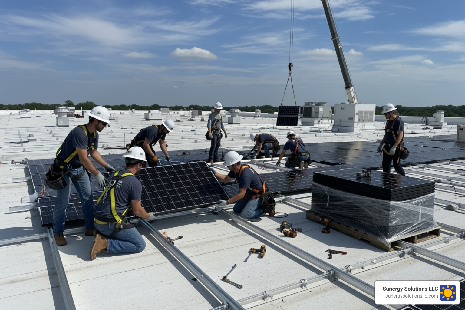 A solar installation in progress on a commercial roof in the United States, showing workers and panels - commercial solar energy savings A solar installation in progress on a commercial roof in the United States, showing workers and panels - commercial solar energy savings