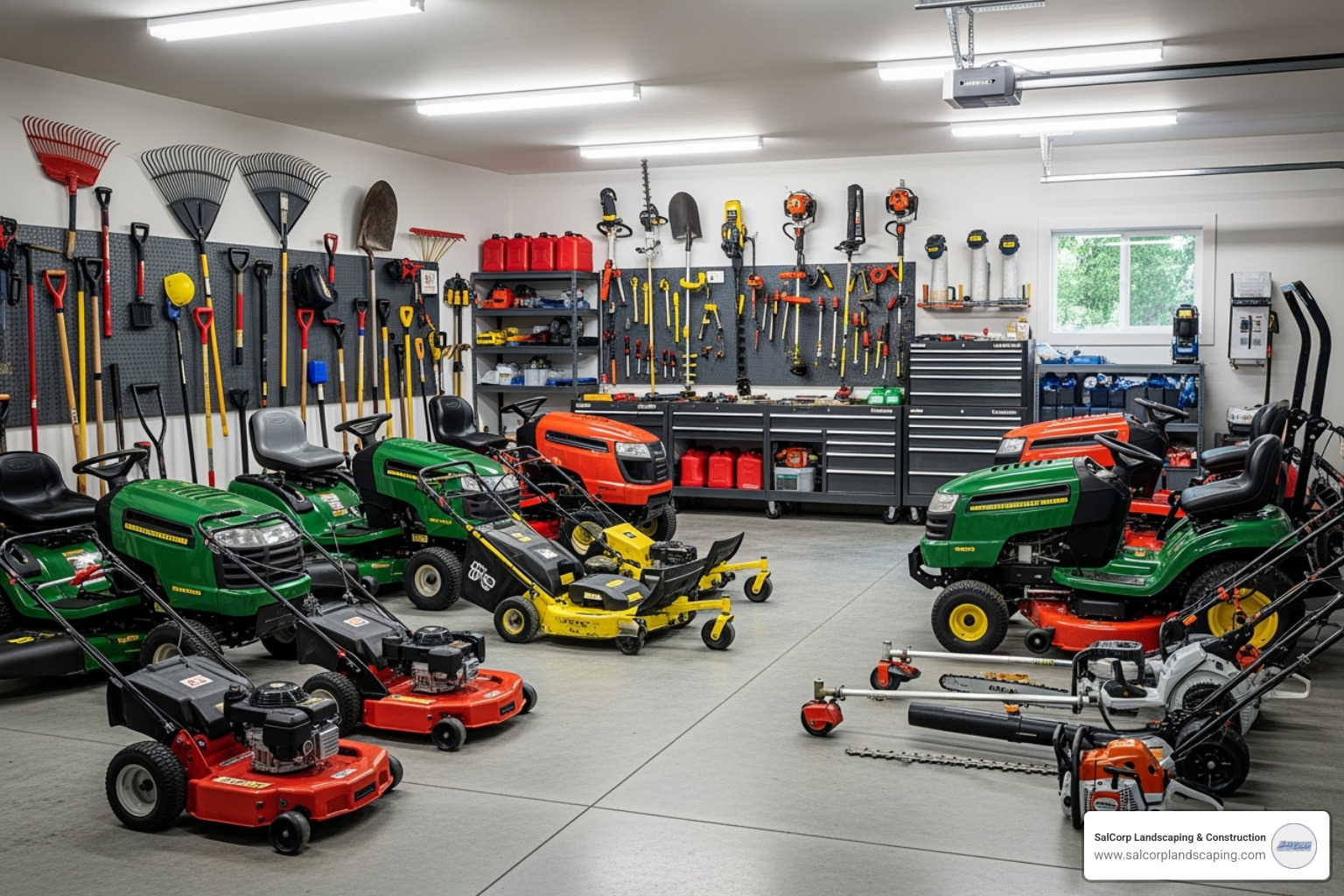 Clean, organized landscaping equipment like mowers and trimmers, neatly lined up in a well-lit garage, ready for use - landscaping maintenance schedule template