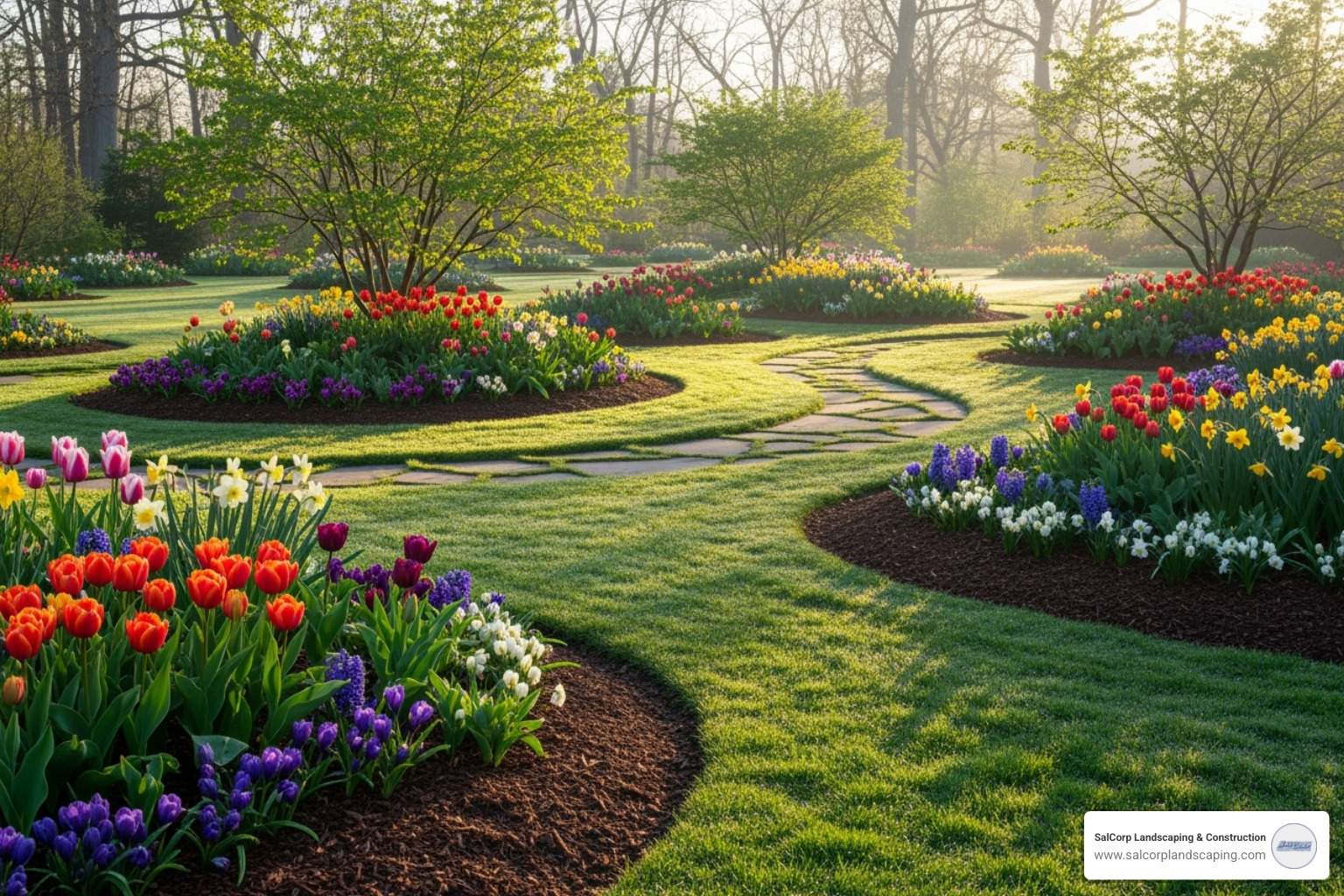 A vibrant spring garden with blooming flowers, freshly mulched beds, and healthy green grass, bathed in warm sunlight - landscaping maintenance schedule template