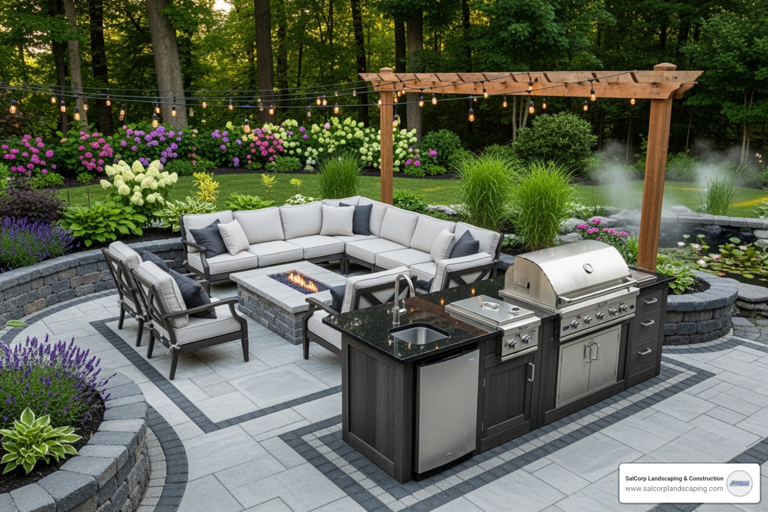 A beautifully hardscaped patio area with an outdoor kitchen, comfortable seating, and lush surrounding greenery, showcasing a perfect blend of natural and built elements - landscaping maintenance schedule template
