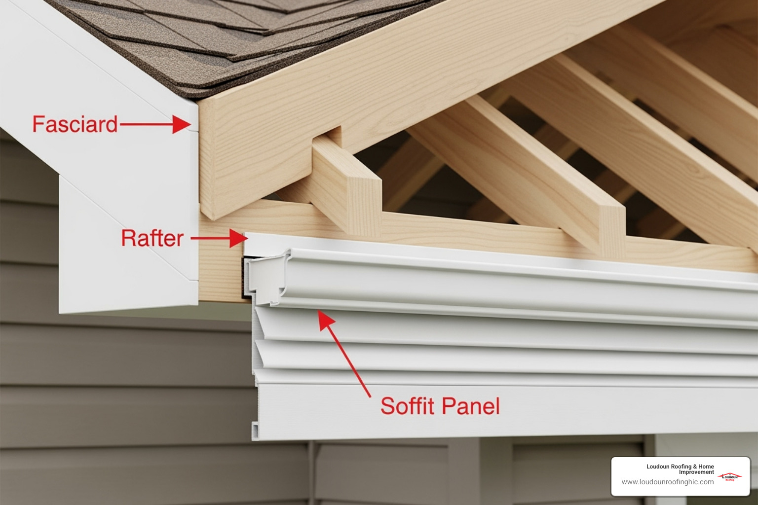 cross-section of a roof eave, with arrows pointing to the fascia board, soffit panel, and roof rafters - Roof and fascia repair