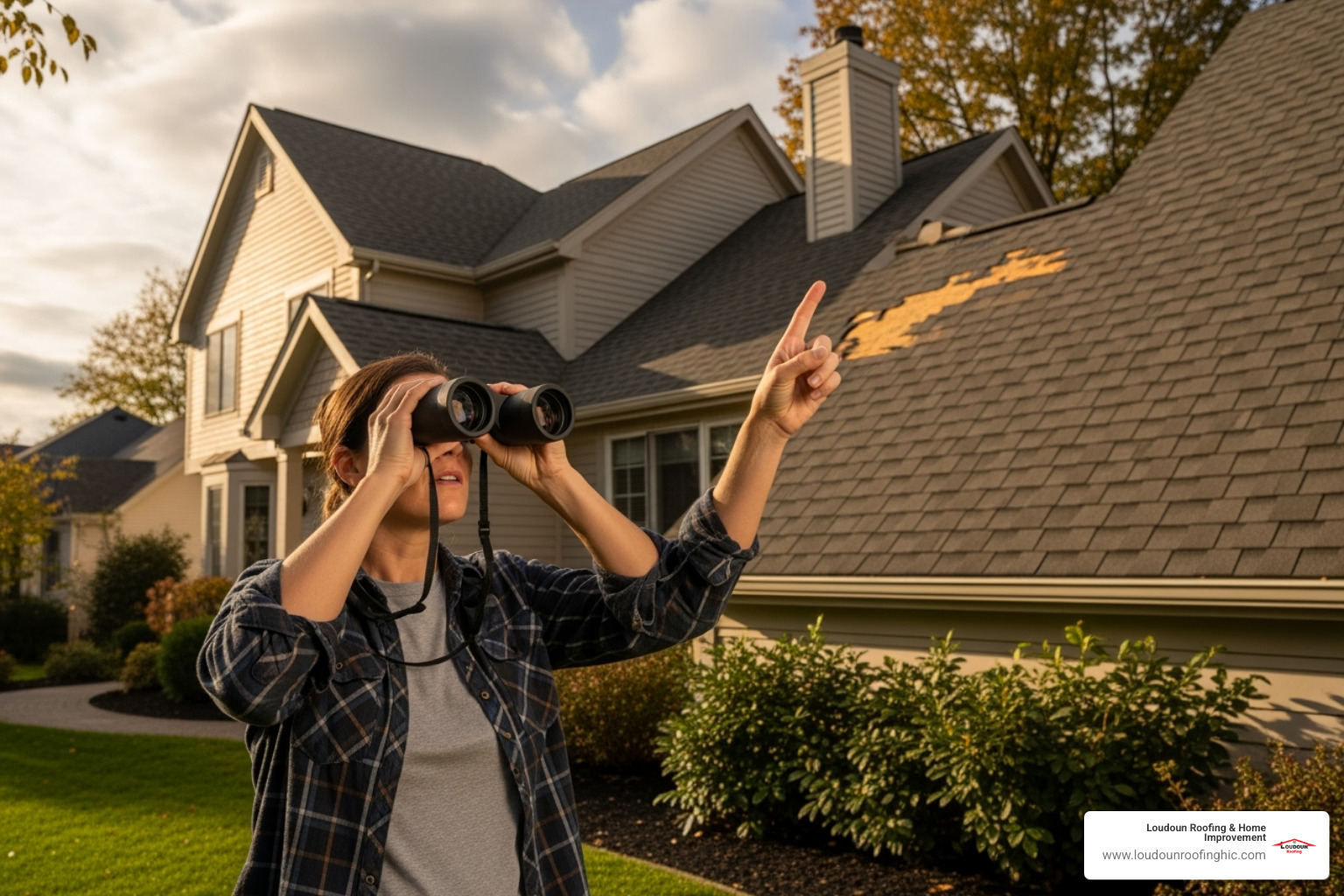 homeowner on the ground looking up at their roofline with binoculars, pointing out a damaged area - Roof and fascia repair