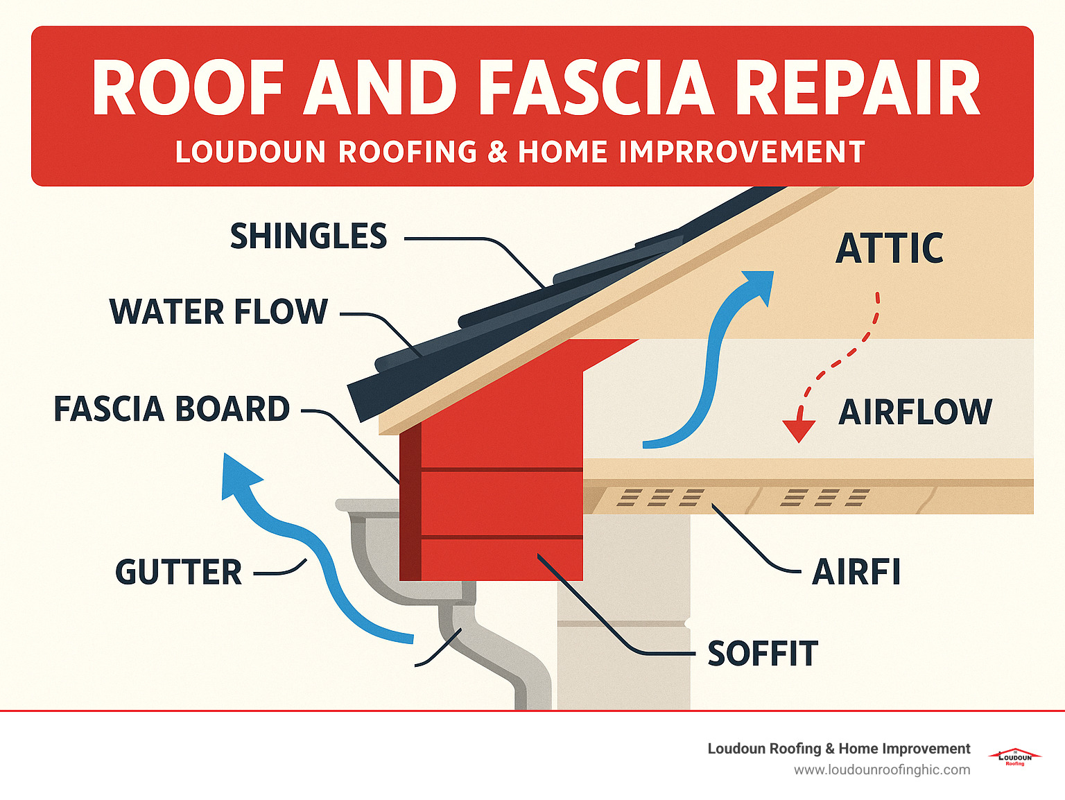 Detailed infographic showing the anatomy of a roof edge system, including fascia board placement, soffit ventilation panels, gutter attachment points, and how water flows from shingles through gutters while air circulates through soffit vents into the attic space - Roof and fascia repair infographic 