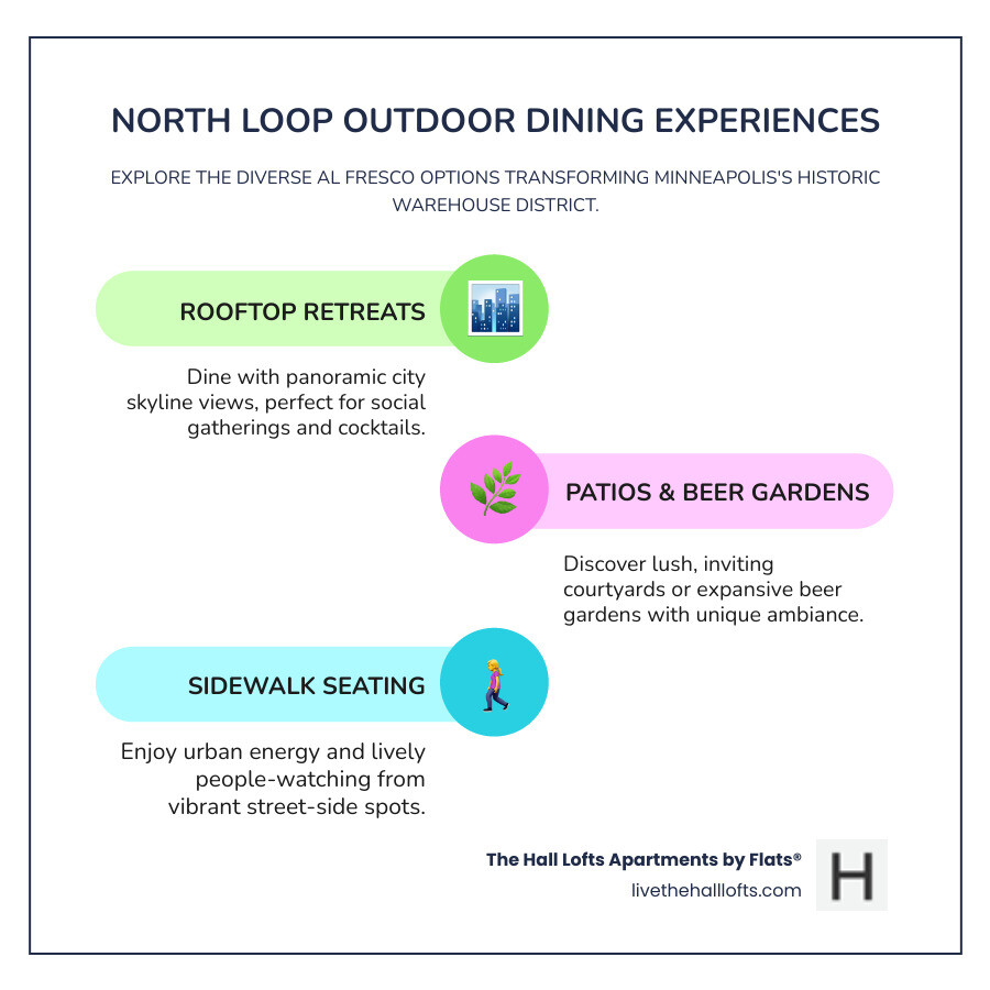 Infographic explaining the different types of outdoor dining experiences in the North Loop: Rooftops with skyline views and cocktails, Hidden Patios with lush greenery and intimate lighting, Beer Gardens with communal seating and craft brews, and Sidewalk Dining with street-side energy and people-watching opportunities - north loop outdoor dining infographic infographic-line-3-steps-colors