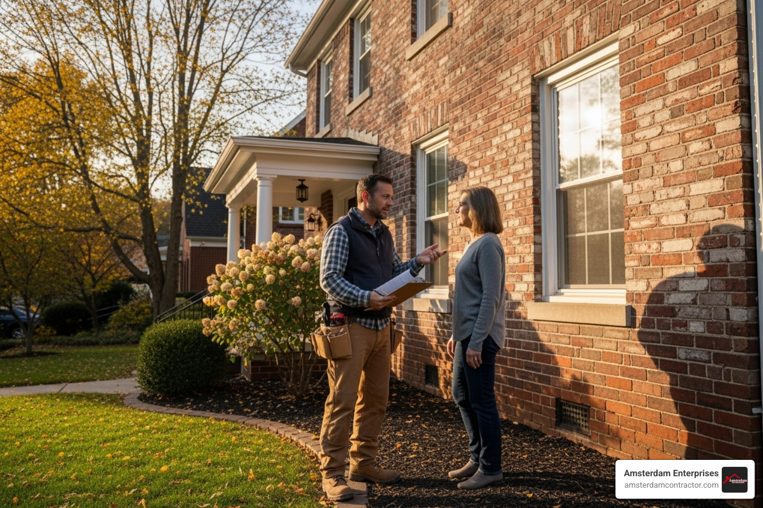 contractor providing a quote to a homeowner for a repointing job - brick repointing near me