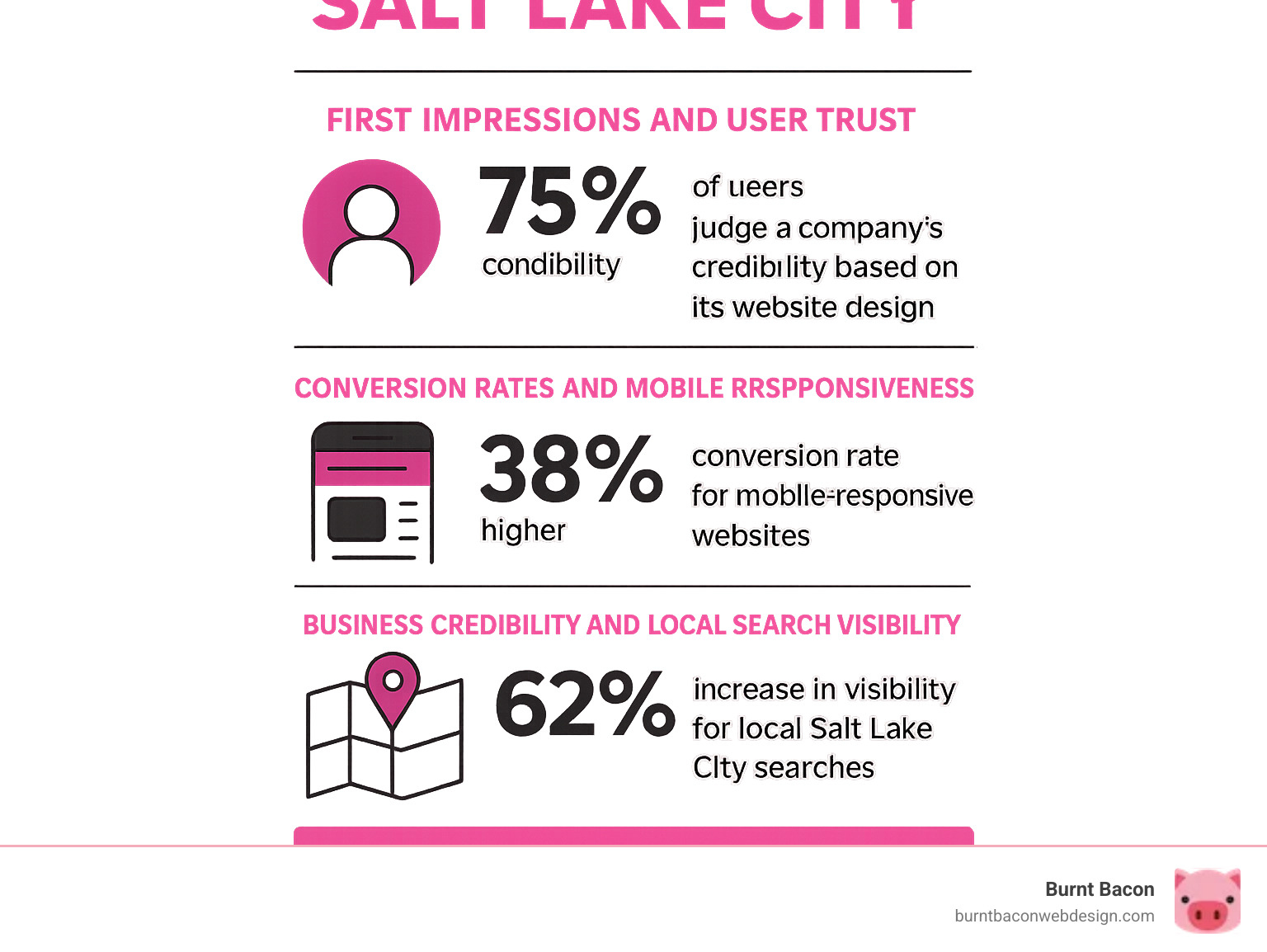 Infographic showing the impact of professional web design on user trust, conversion rates, and business credibility, featuring statistics on first impressions, mobile responsiveness, and local search visibility for Salt Lake City businesses - web design salt lake city infographic 