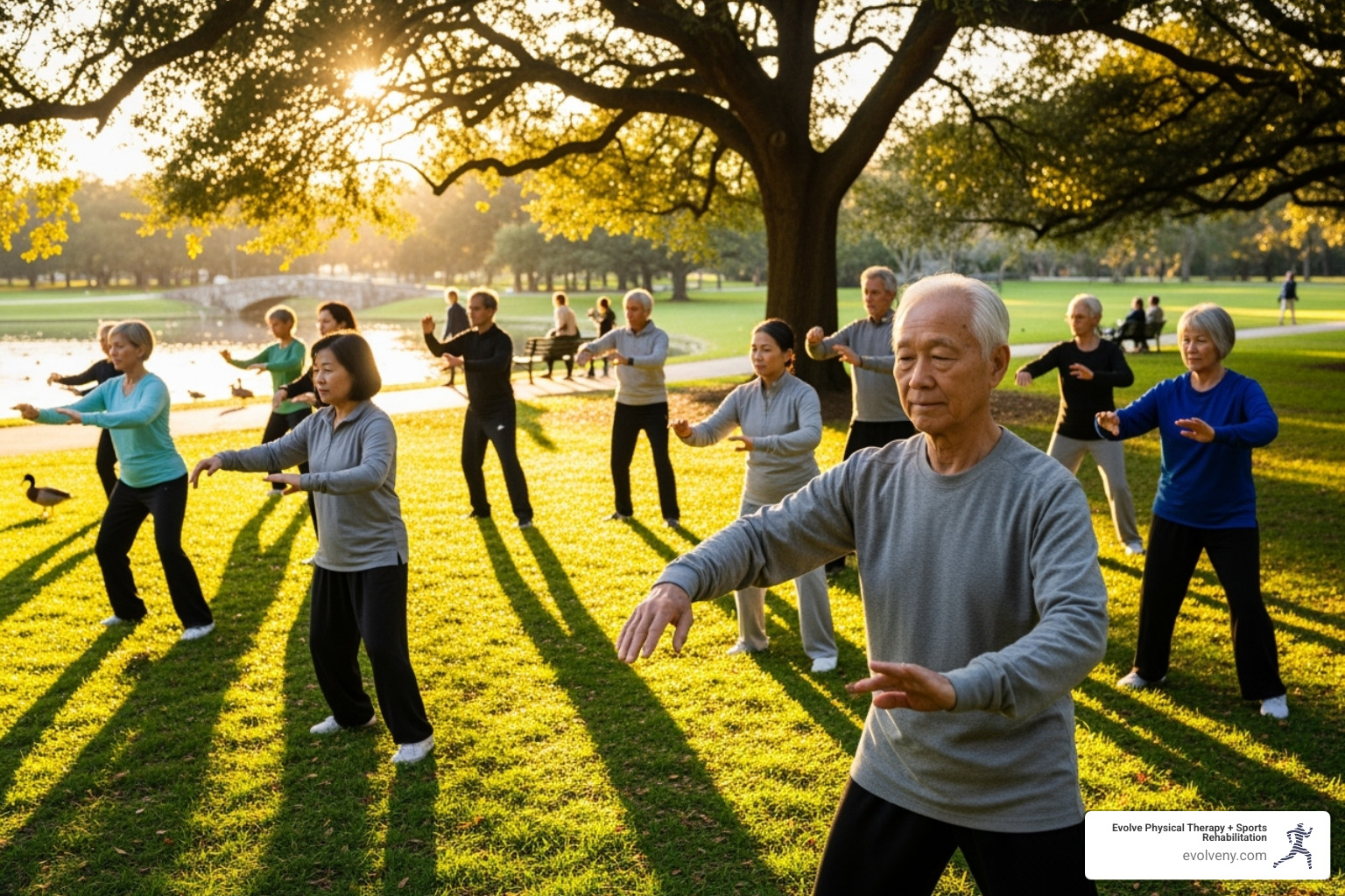 A group of seniors in a Tai Chi class - gait training for parkinsons A group of seniors in a Tai Chi class - gait training for parkinsons