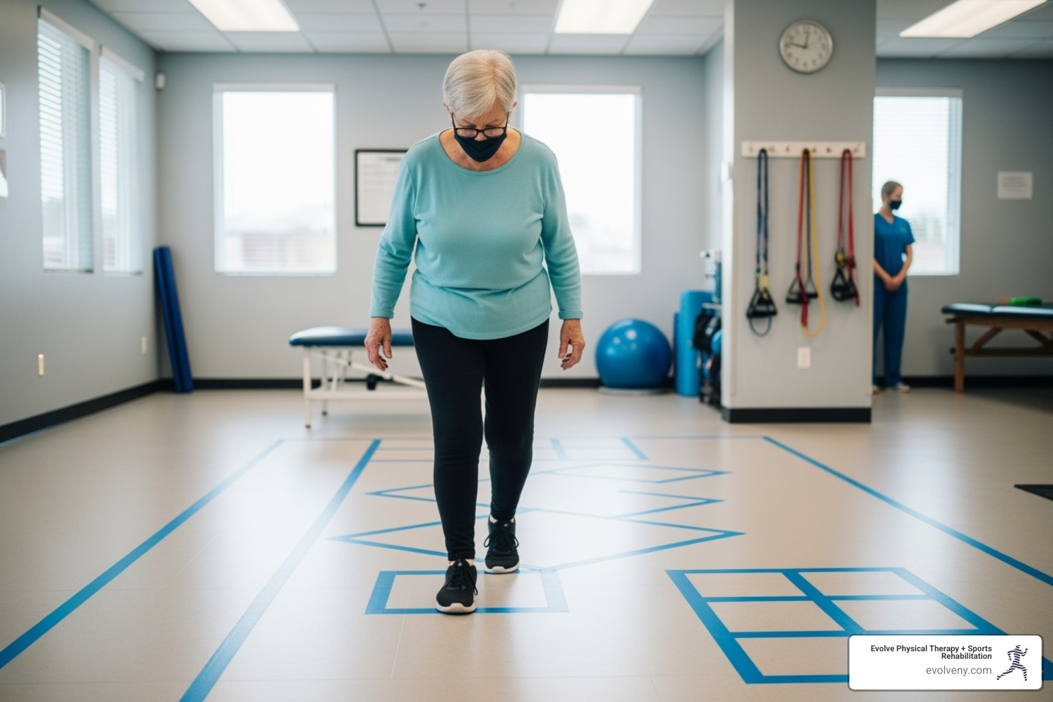 A person using visual cues like tape on the floor to practice walking - gait training for parkinsons A person using visual cues like tape on the floor to practice walking - gait training for parkinsons