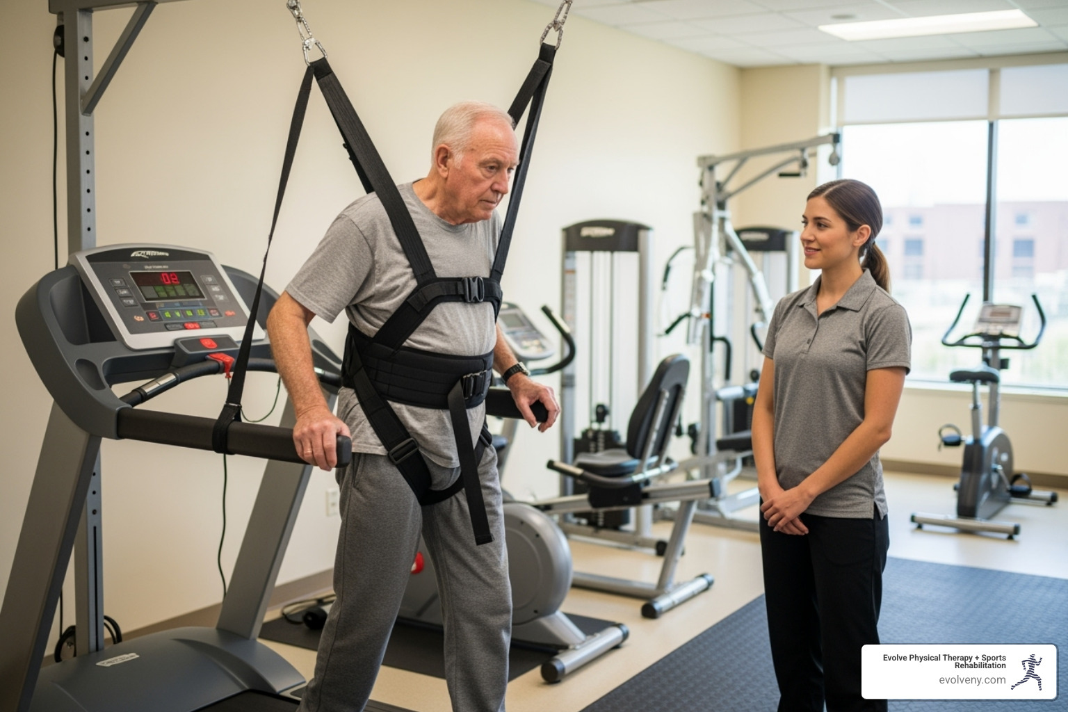 A patient on a treadmill with a safety harness - gait training for parkinsons A patient on a treadmill with a safety harness - gait training for parkinsons