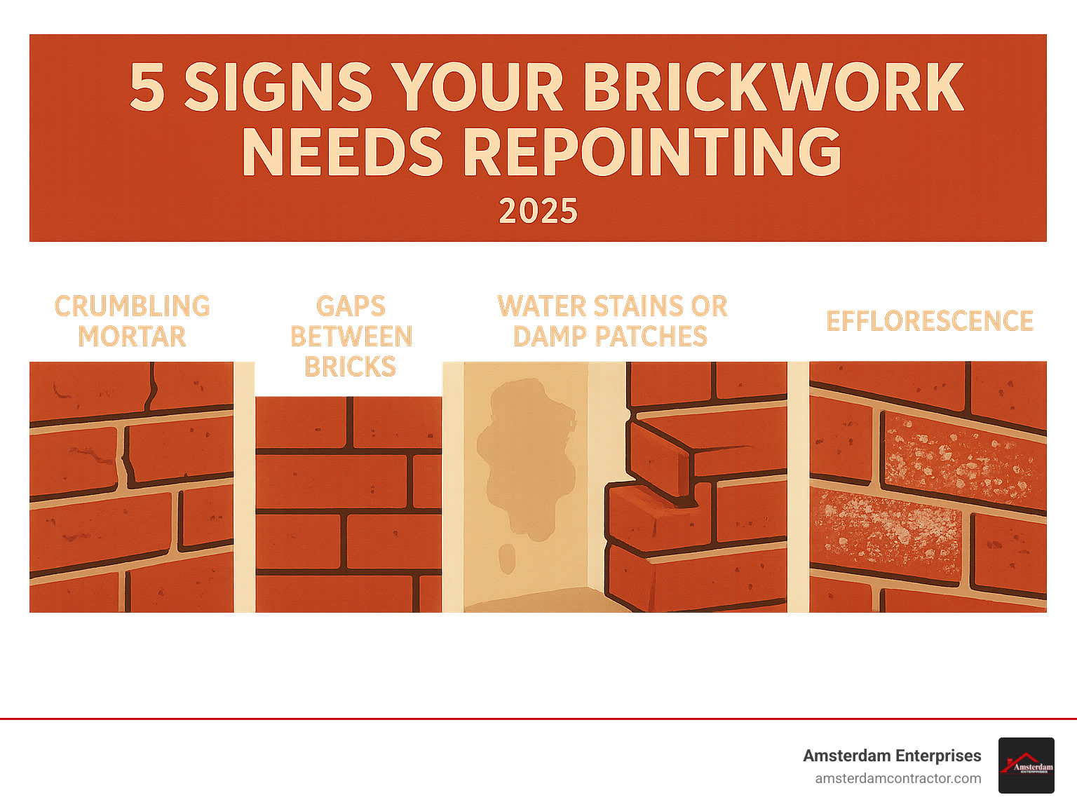 Comprehensive infographic showing the 5 key warning signs that indicate your brickwork needs professional repointing: crumbling mortar joints with visible cracks, gaps between bricks and mortar, water stains or damp patches on interior walls, loose or shifting bricks, and white powdery efflorescence deposits on brick surfaces - brick repointing near me infographic 