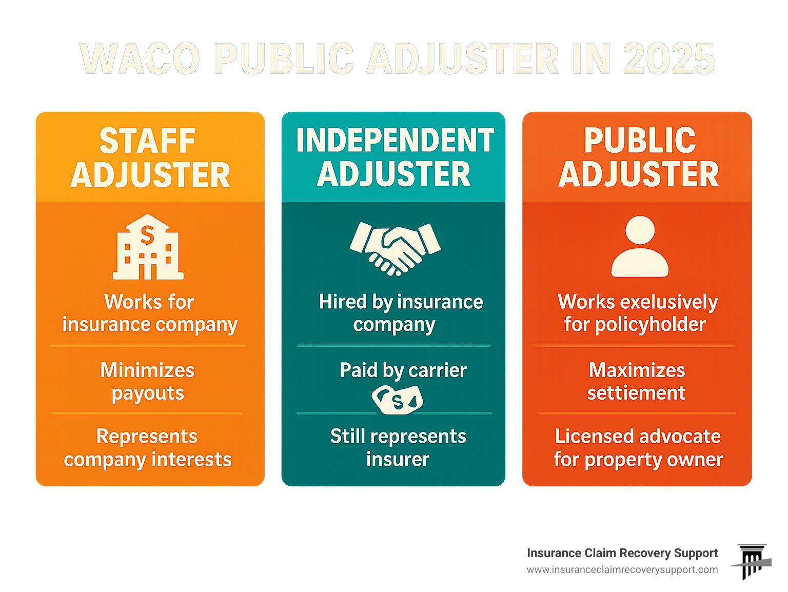 Infographic showing three columns comparing Staff Adjuster (works for insurance company, minimizes payouts, represents company interests), Independent Adjuster (hired by insurance company, paid by carrier, still represents insurer), and Public Adjuster (works exclusively for policyholder, maximizes settlement, licensed advocate for property owner) - Waco public adjuster infographic  Infographic showing three columns comparing Staff Adjuster (works for insurance company, minimizes payouts, represents company interests), Independent Adjuster (hired by insurance company, paid by carrier, still represents insurer), and Public Adjuster (works exclusively for policyholder, maximizes settlement, licensed advocate for property owner) - Waco public adjuster infographic