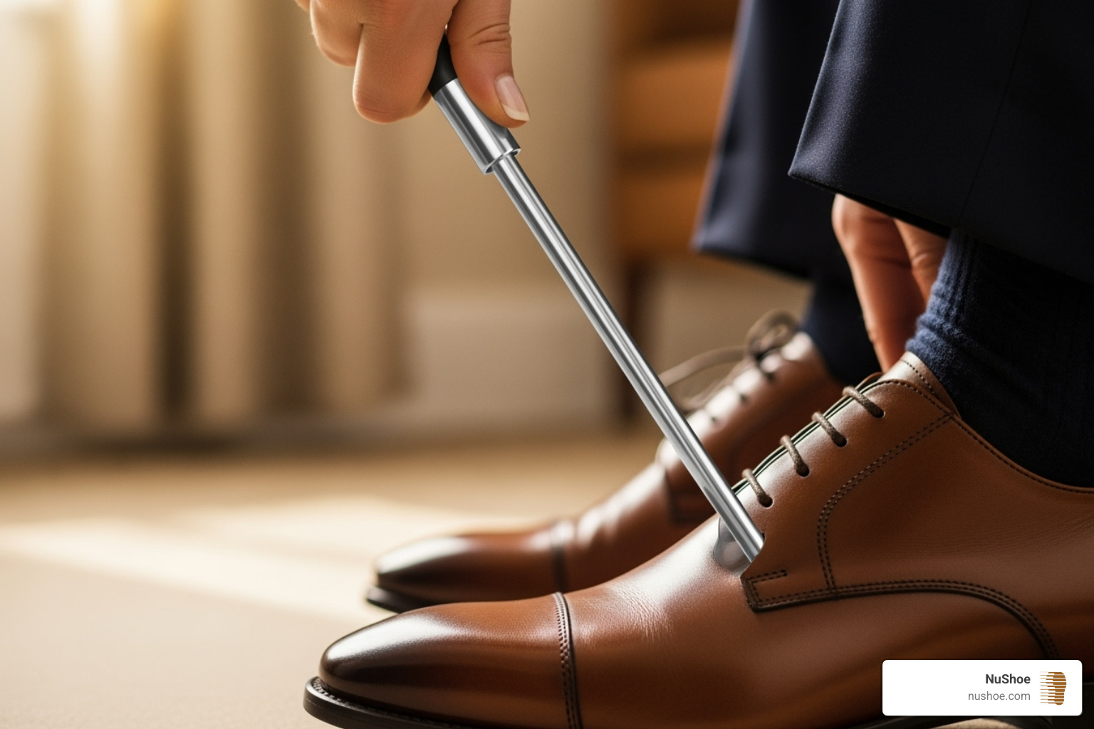 a person using a shoe horn to put on a leather shoe - repair leather shoe lining a person using a shoe horn to put on a leather shoe - repair leather shoe lining