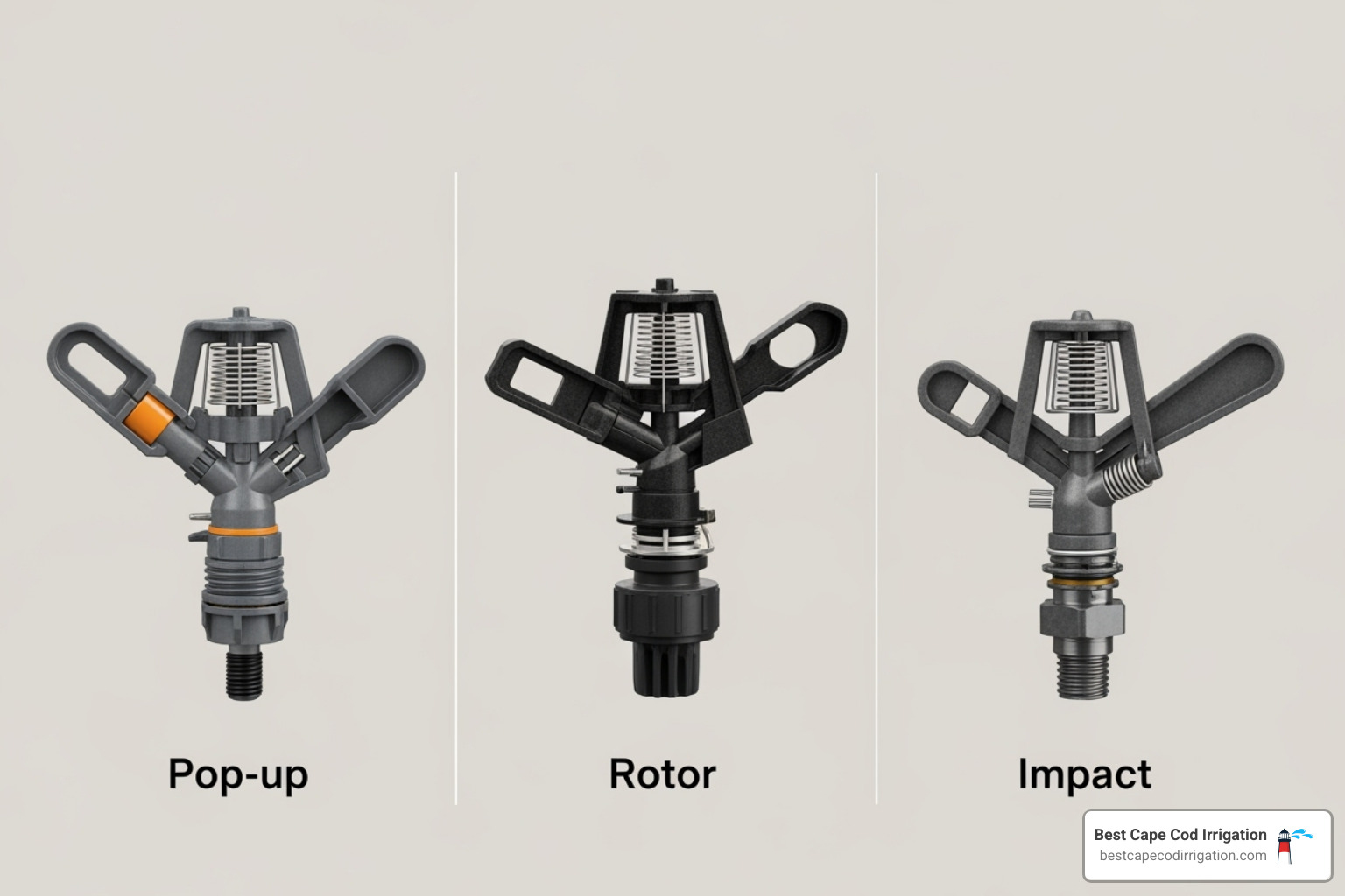 comparing different sprinkler head types like pop-up, rotor, and impact heads - broken sprinkler head repair