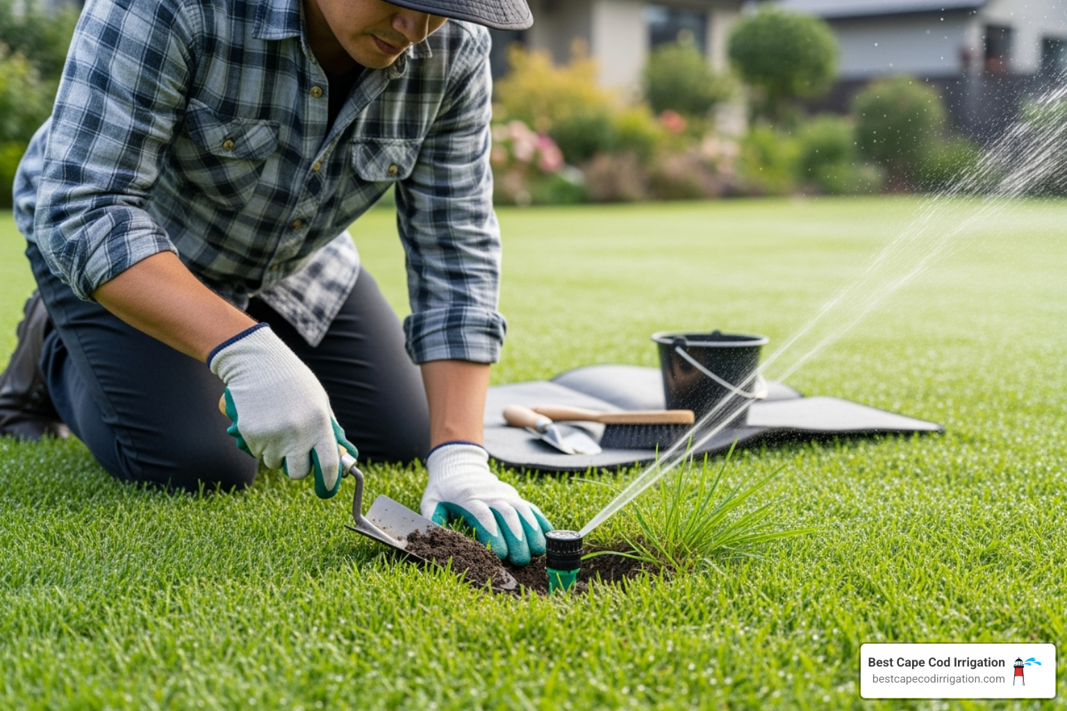 person carefully digging around a sprinkler head - broken sprinkler head repair