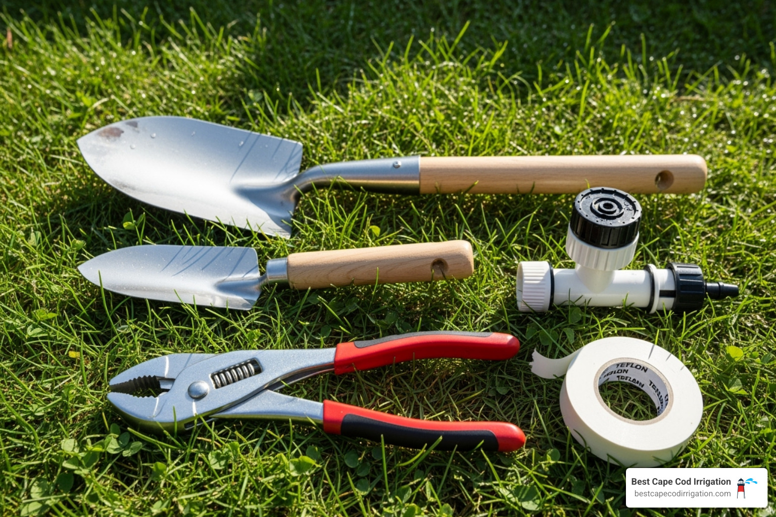 necessary tools laid out on a lawn: shovel, trowel, replacement sprinkler head, adjustable pliers, Teflon tape - broken sprinkler head repair