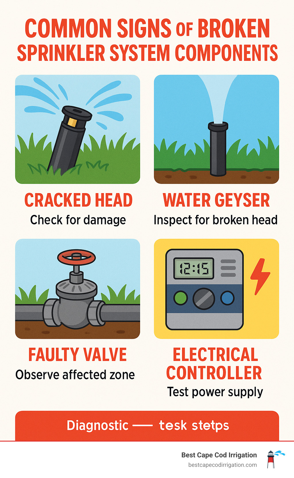 Common signs of broken sprinkler system components including cracked heads, faulty valves, water geysers, and electrical controller problems with diagnostic steps - broken sprinkler head repair infographic 