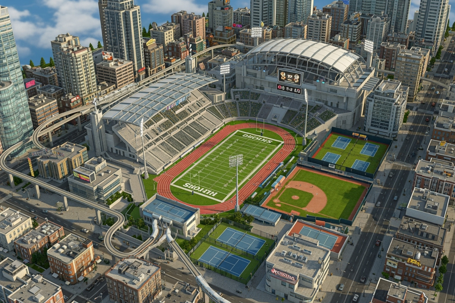 A custom-built stadium or sports complex within a SimCity game, featuring detailed sports fields and surrounding urban infrastructure - simp city forum
