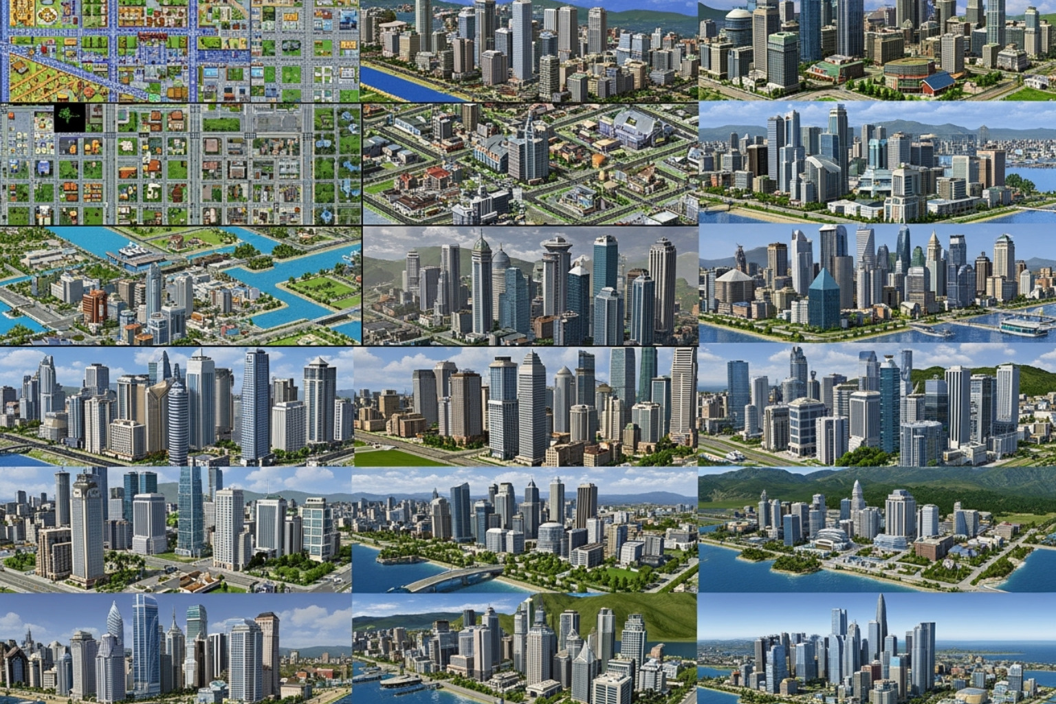A collage showcasing different SimCity game versions, from classic pixelated graphics to modern 3D renderings - simp city forum