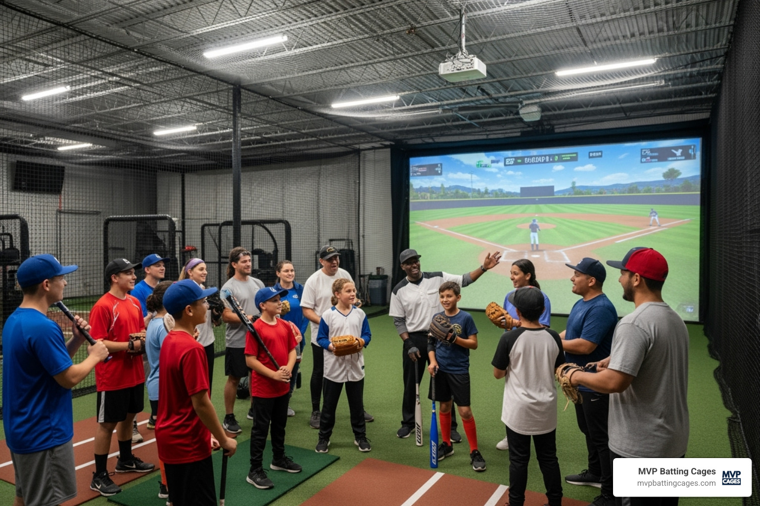A diverse group of players (youth and adult) getting ready to play in a HitTrax league - hittrax league near me
