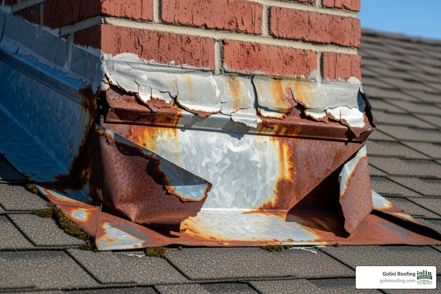 damaged flashing around a brick chimney - Roof leak repair Burlington MA damaged flashing around a brick chimney - Roof leak repair Burlington MA