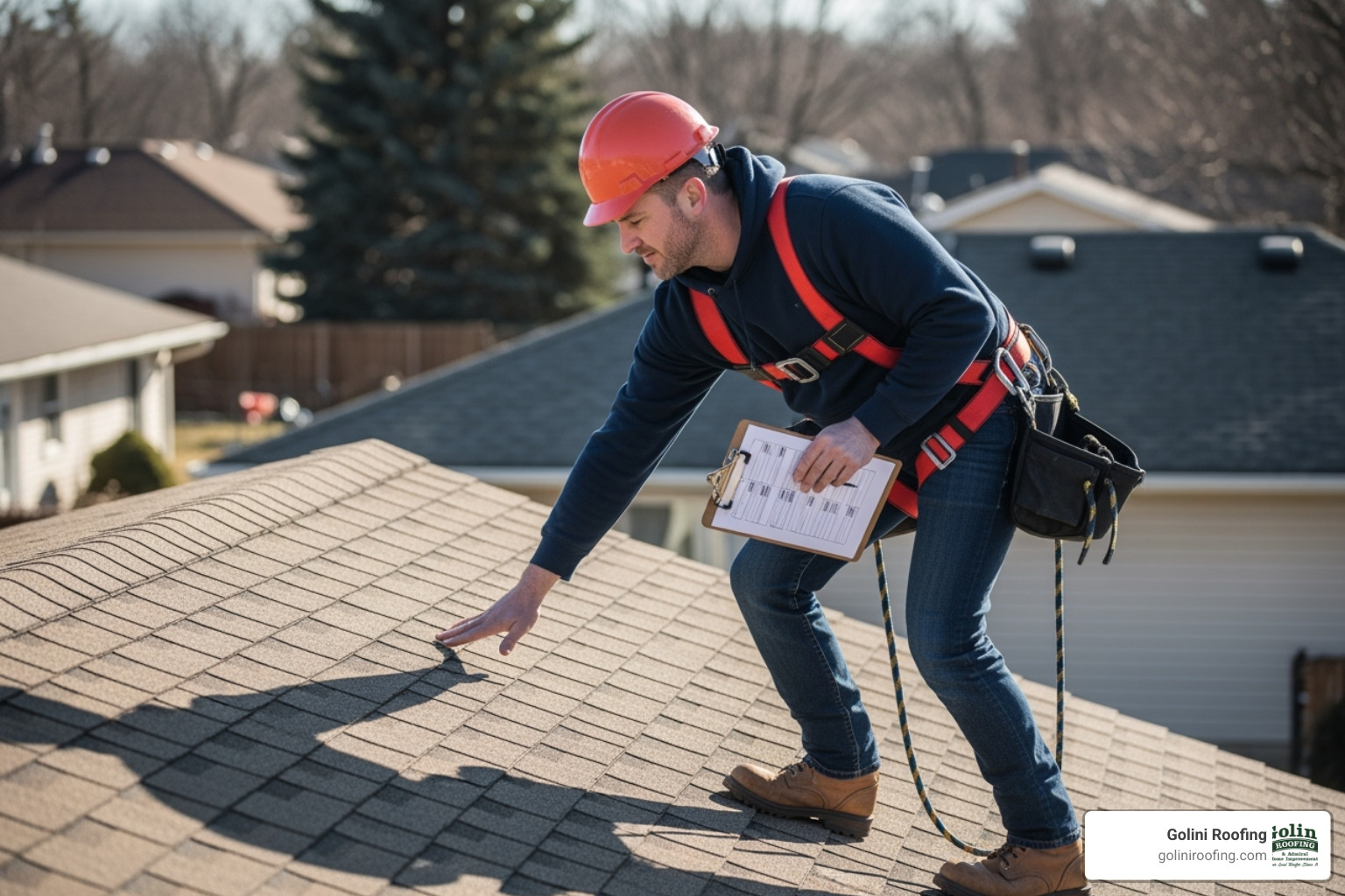 roofer safely inspecting a roof with a checklist - Roof leak repair Burlington MA roofer safely inspecting a roof with a checklist - Roof leak repair Burlington MA