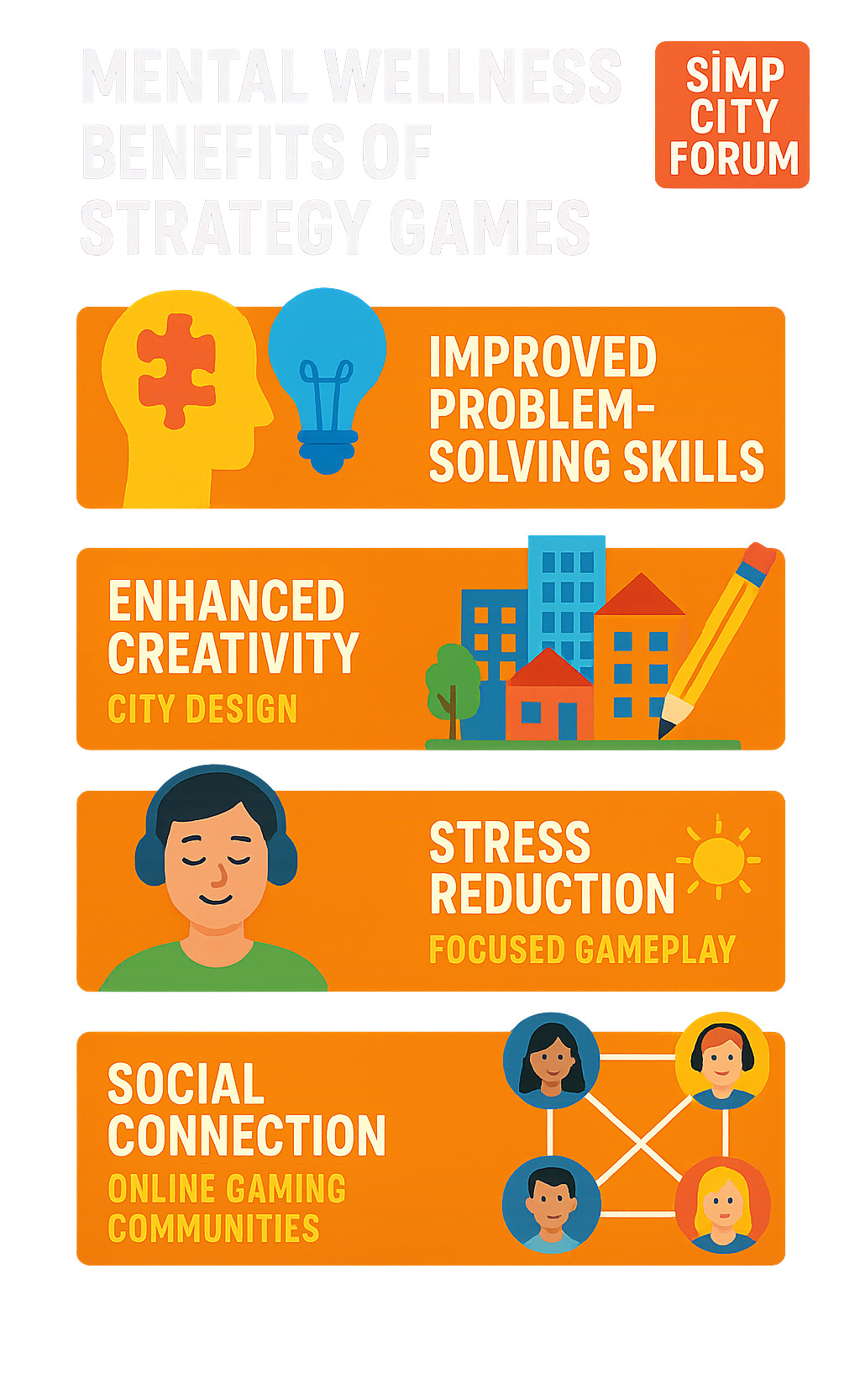 Infographic showing mental wellness benefits of strategy games including improved problem-solving skills, improved creativity through city design, stress reduction through focused gameplay, and social connection through online gaming communities - simp city forum infographic 