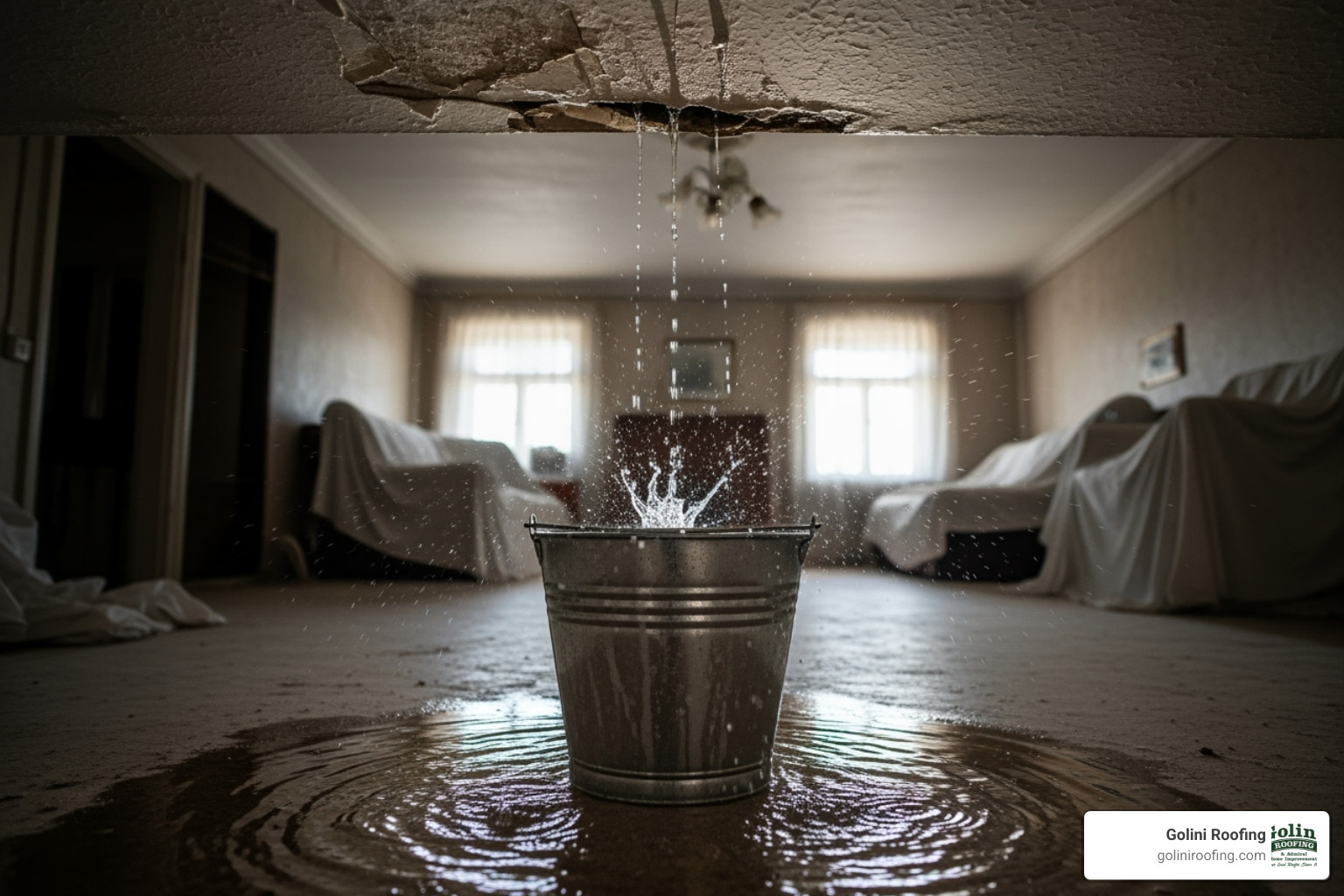 strategically placed bucket catching drips from a ceiling - Roof leak repair Burlington MA strategically placed bucket catching drips from a ceiling - Roof leak repair Burlington MA