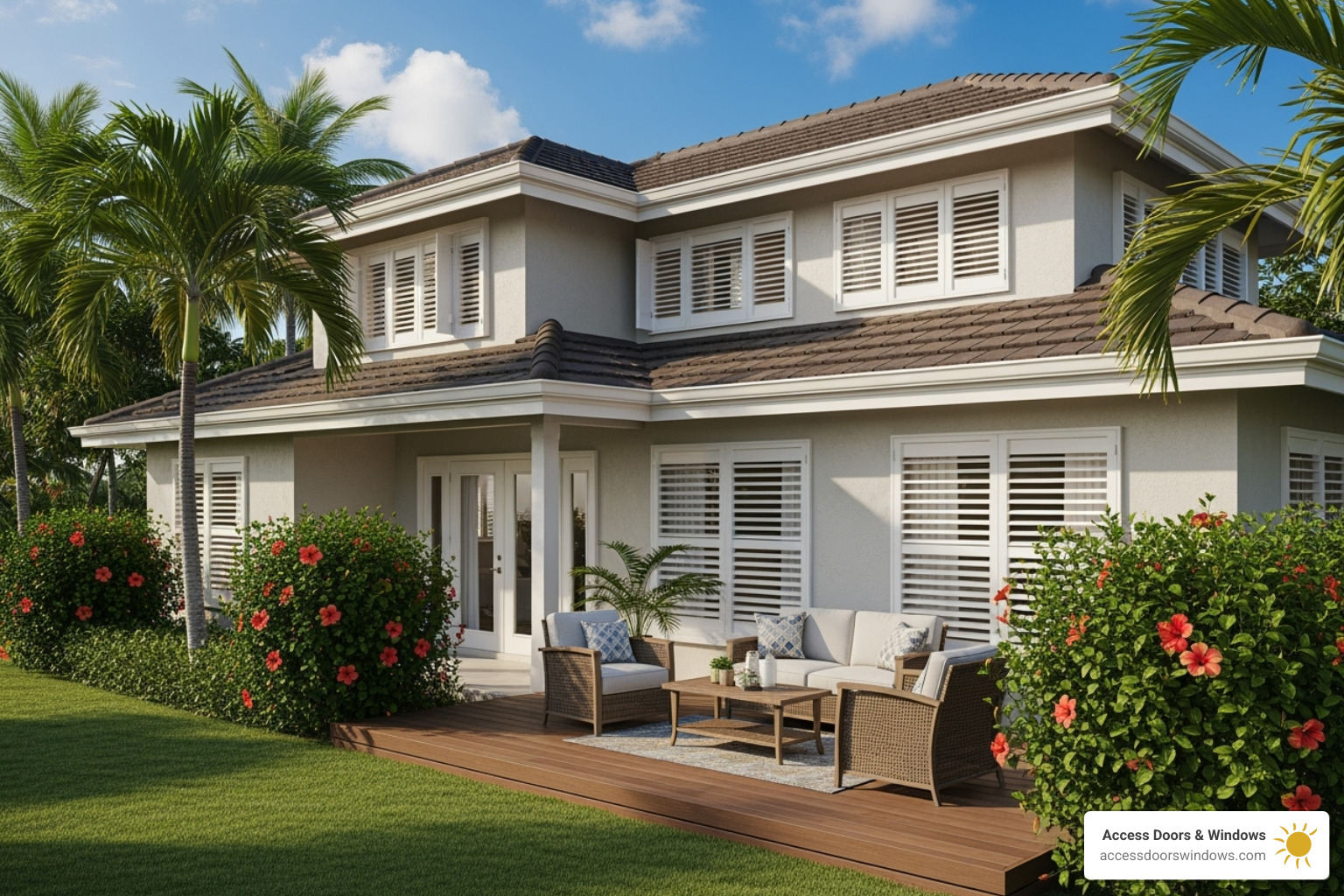 Image of stylish Bahama shutters on a tropical-style home - hurricane shutters boca raton fl