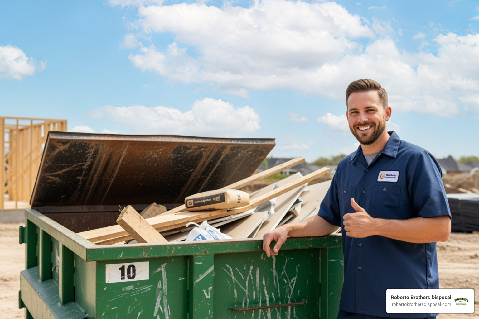 A friendly, professional dumpster delivery driver giving a thumbs-up next to a small construction dumpster - small construction dumpster rental A friendly, professional dumpster delivery driver giving a thumbs-up next to a small construction dumpster - small construction dumpster rental
