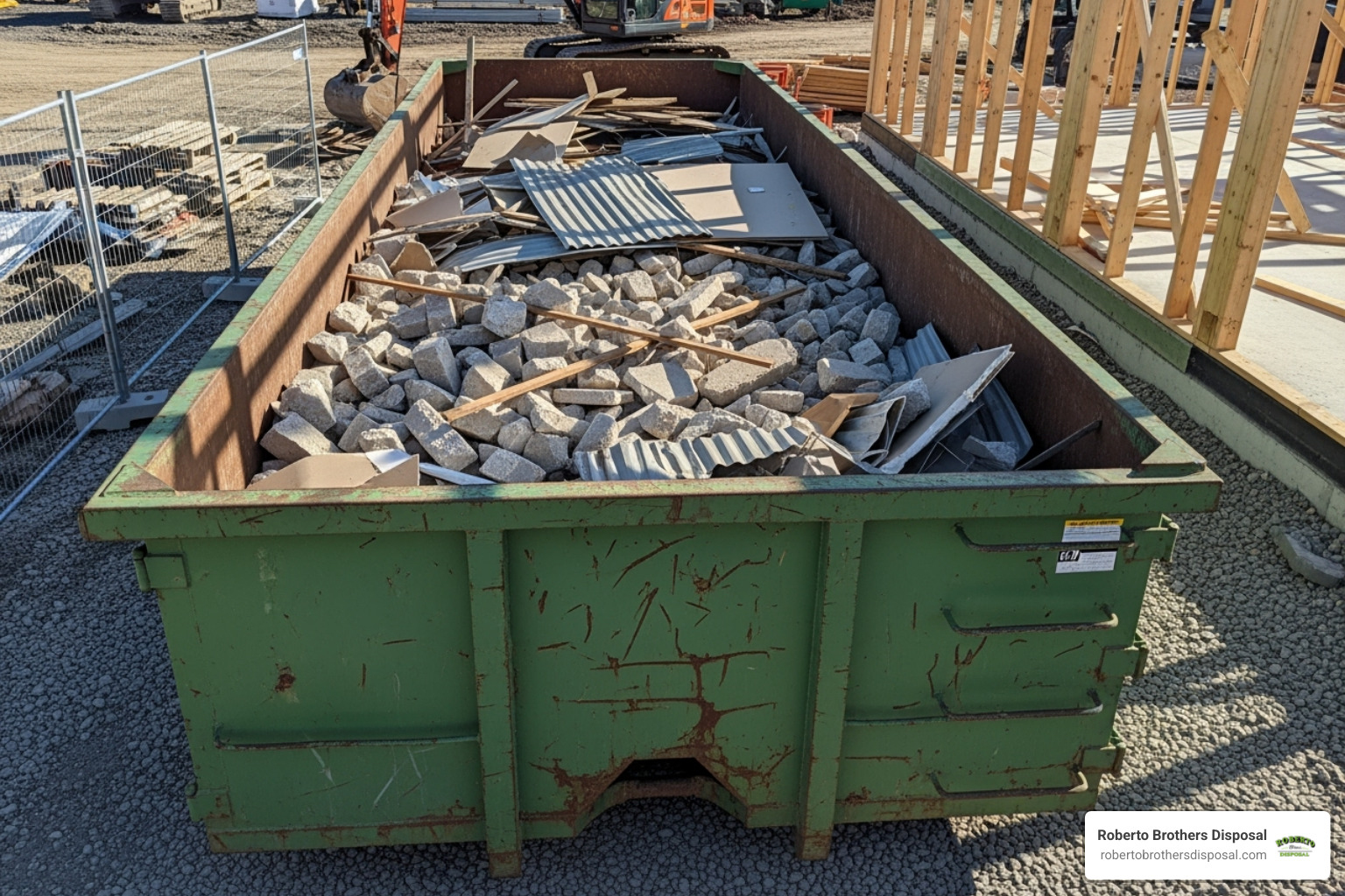 A dumpster being loaded correctly with debris evenly distributed and below the fill line, showing proper loading techniques - small construction dumpster rental A dumpster being loaded correctly with debris evenly distributed and below the fill line, showing proper loading techniques - small construction dumpster rental