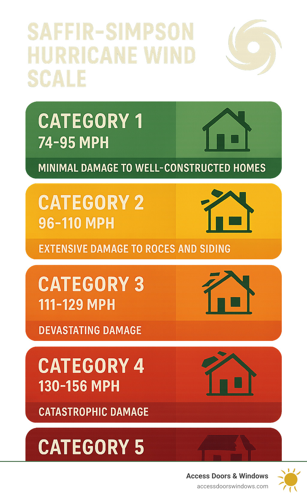 Infographic showing the Saffir-Simpson Hurricane Wind Scale with Category 1 (74-95 mph winds causing minimal damage to well-constructed homes), Category 2 (96-110 mph with extensive damage to roofs and siding), Category 3 (111-129 mph causing devastating damage), Category 4 (130-156 mph with catastrophic damage), and Category 5 (157+ mph winds causing total roof failure and wall collapse) - hurricane shutters boca raton fl infographic 