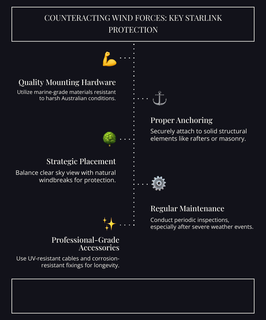 Comprehensive guide showing wind forces affecting Starlink dishes in Australian conditions, including uplift, drag, and lateral forces, with proper mounting techniques to counteract each type of wind stress using SpaceTek's engineered solutions - Starlink mount wind protection infographic infographic-line-5-steps-dark