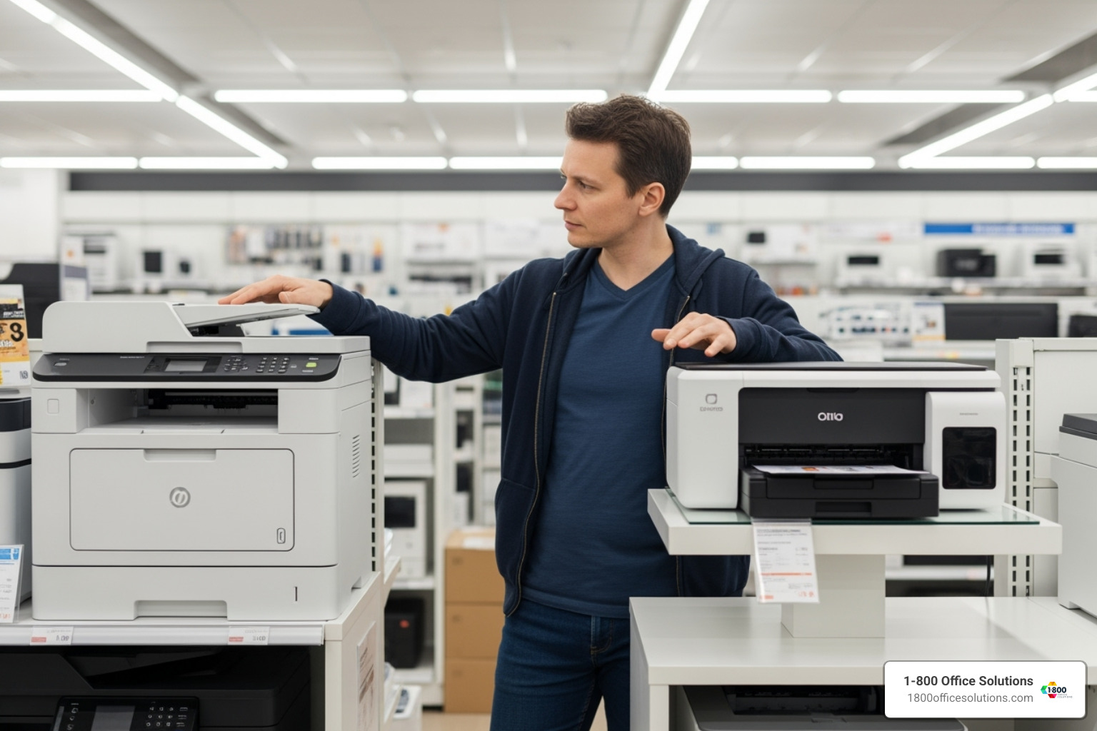 a person comparing two different-sized printers - best small business printer copier