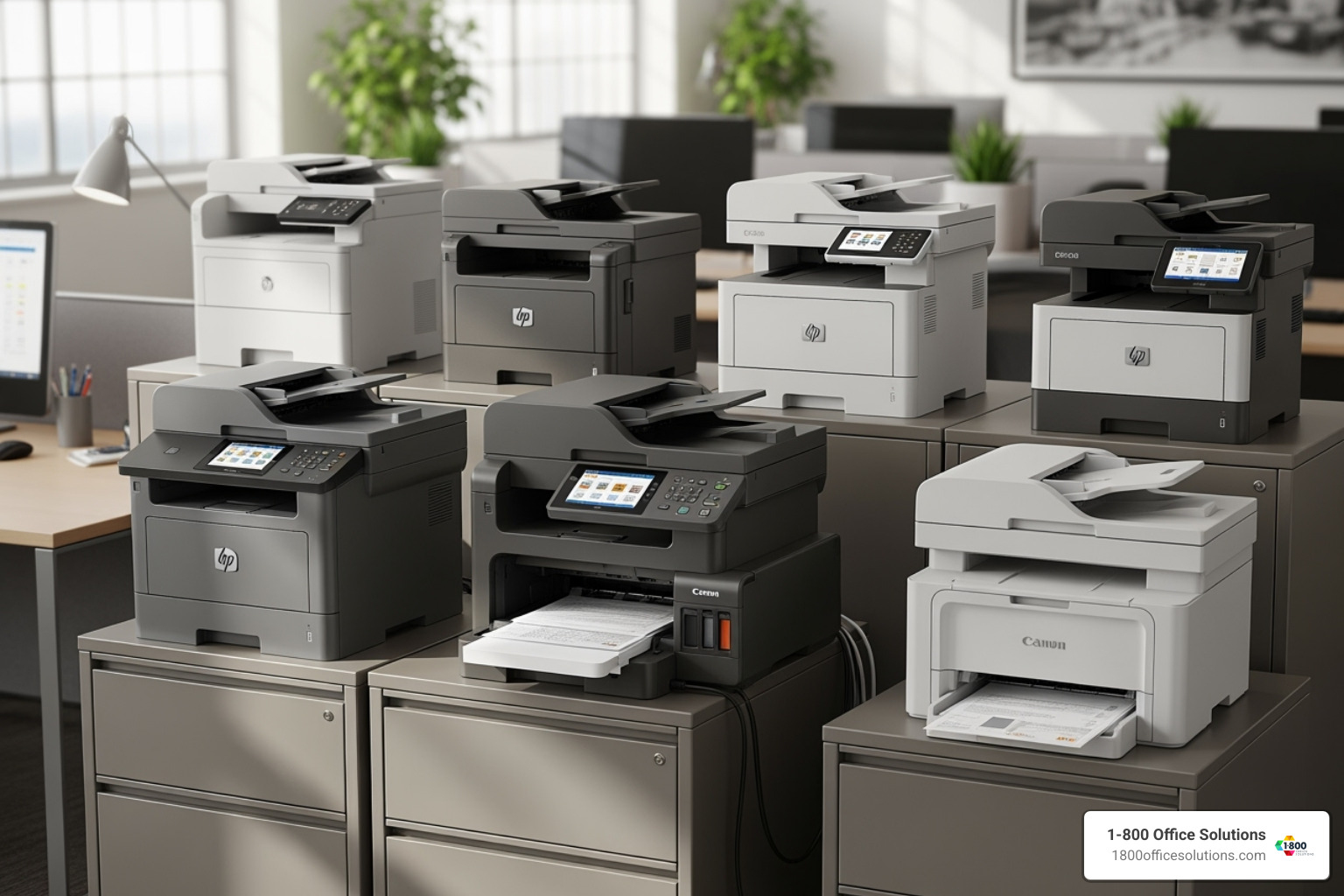 a lineup of different types of office printers - best small business printer copier