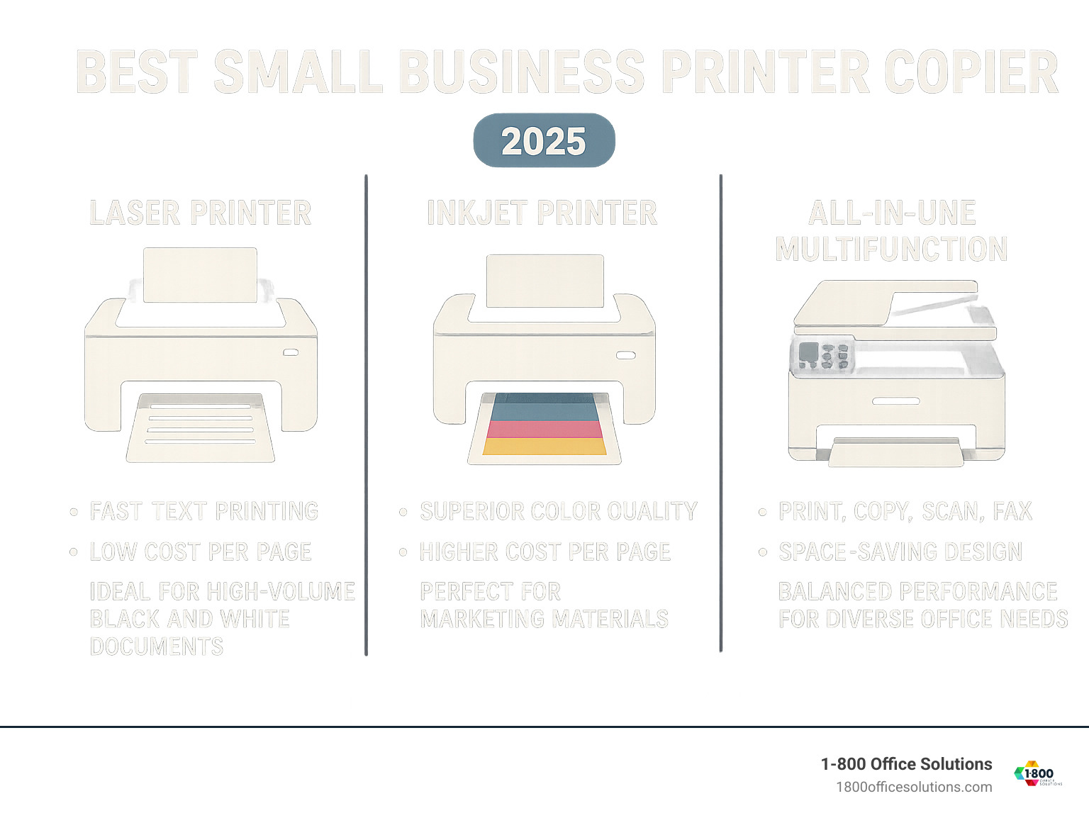 Infographic comparing laser printers (fast text printing, low cost per page, ideal for high-volume black and white documents), inkjet printers (superior color quality, higher cost per page, perfect for marketing materials), and all-in-one multifunction printers (print, copy, scan, fax capabilities, space-saving design, balanced performance for diverse office needs) - best small business printer copier infographic 