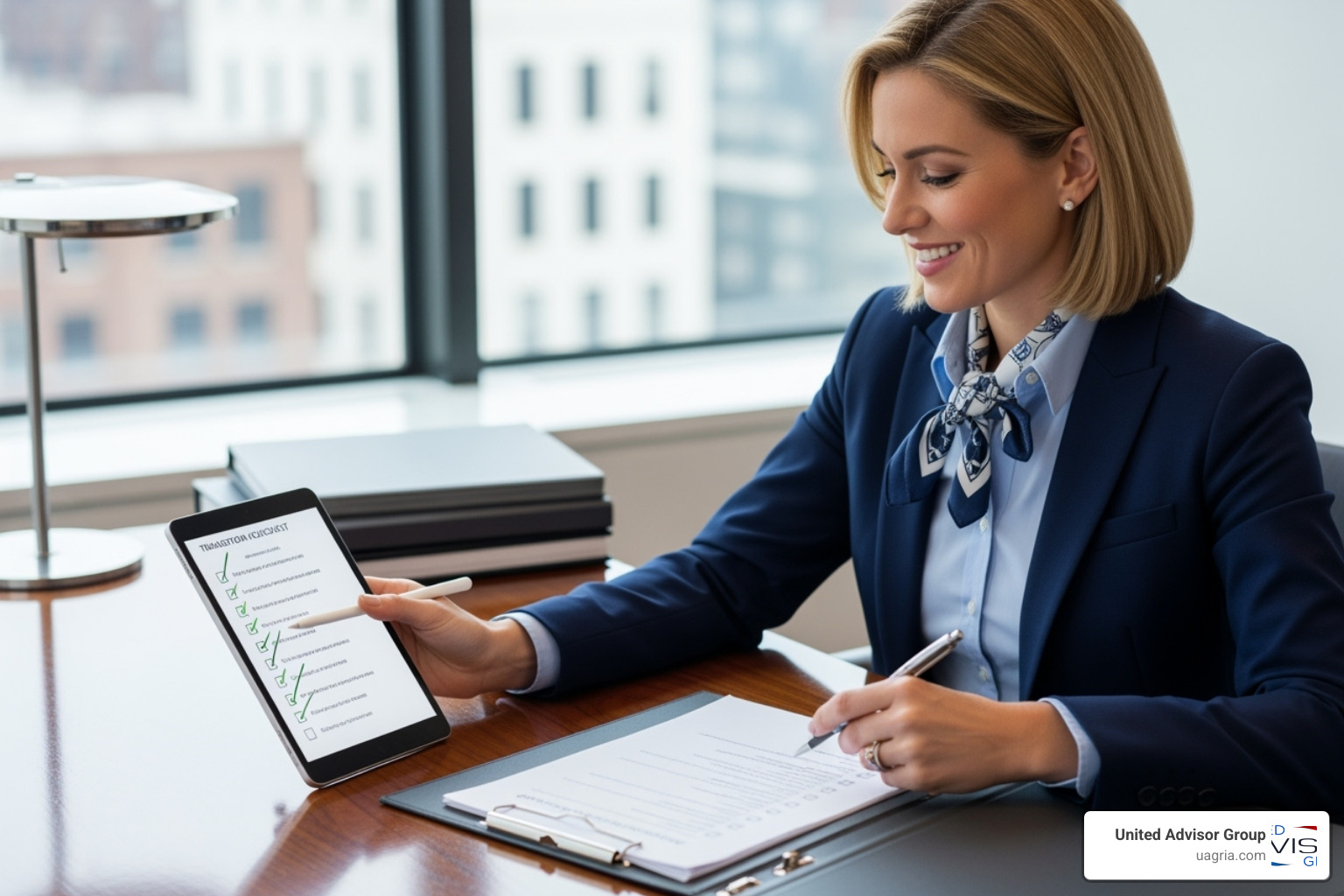 Advisor successfully navigating a transition checklist, smiling confidently - Independent advisory services