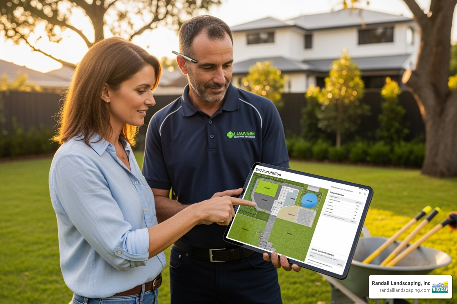homeowner and a landscaper reviewing a sod installation plan and quote - grass sod installation near me homeowner and a landscaper reviewing a sod installation plan and quote - grass sod installation near me