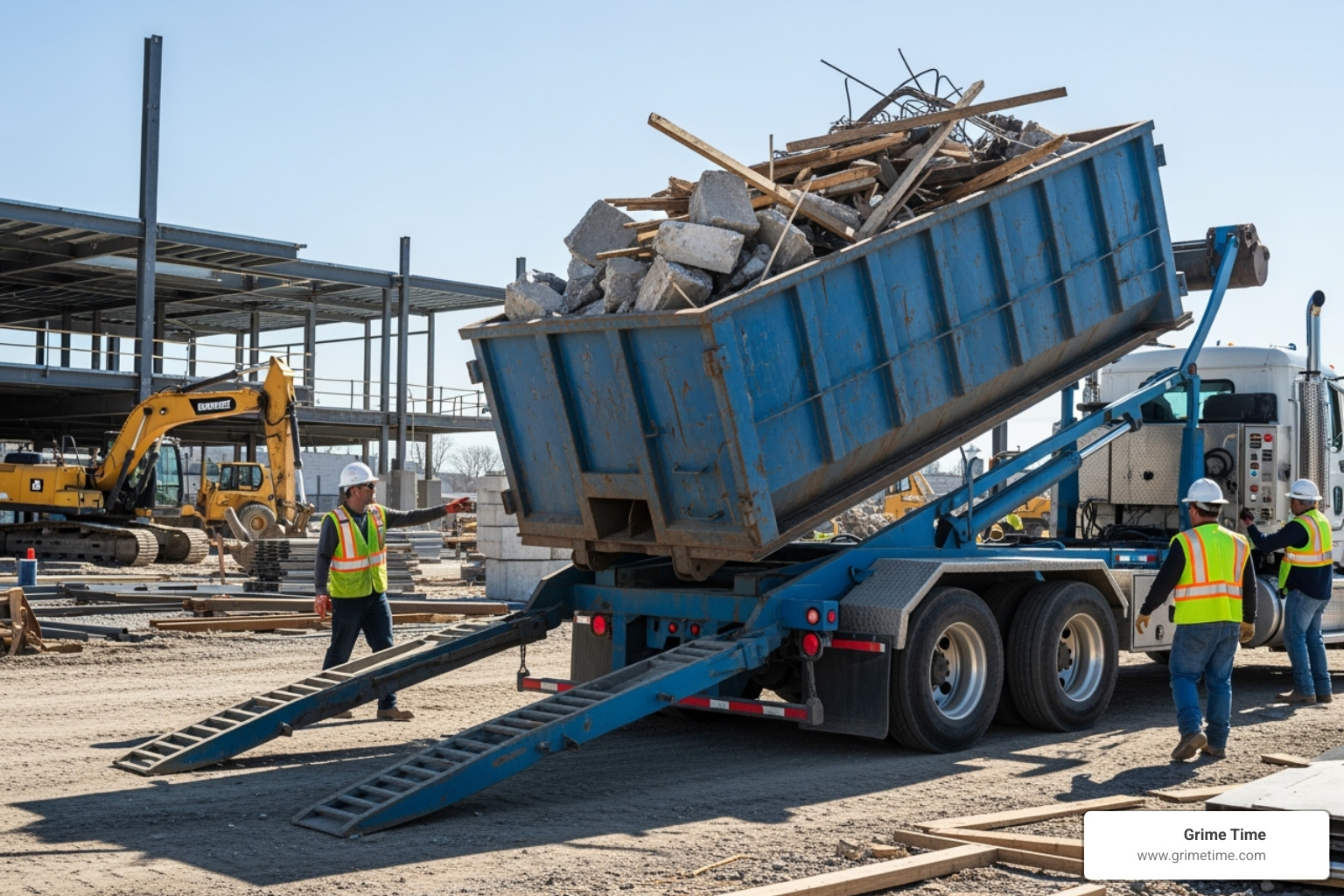 dumpster being loaded onto a truck at a worksite - cheapest roll off dumpster near me