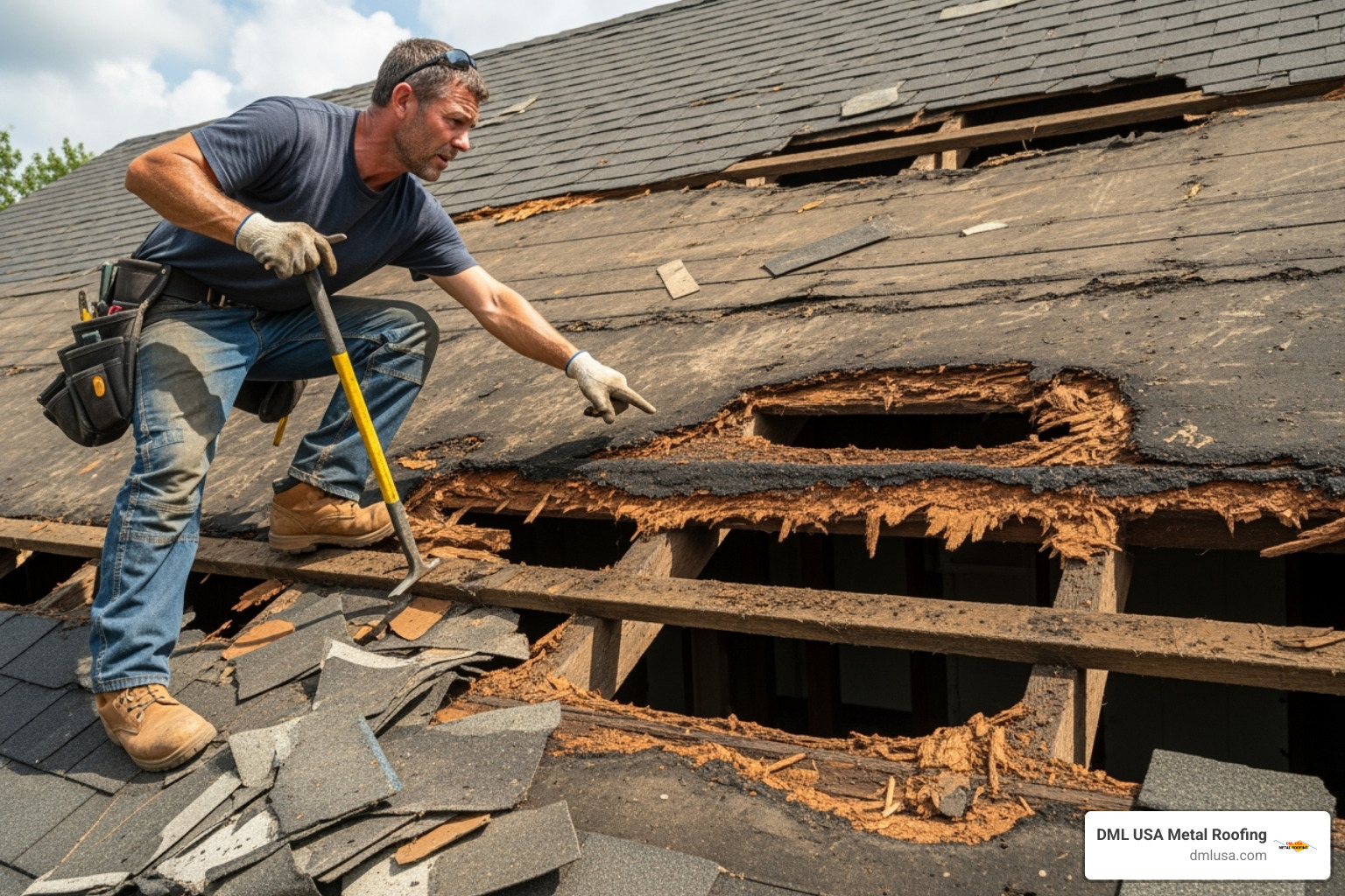 Roofer inspecting damaged roof decking after a tear-off - can i put metal roofing over shingles