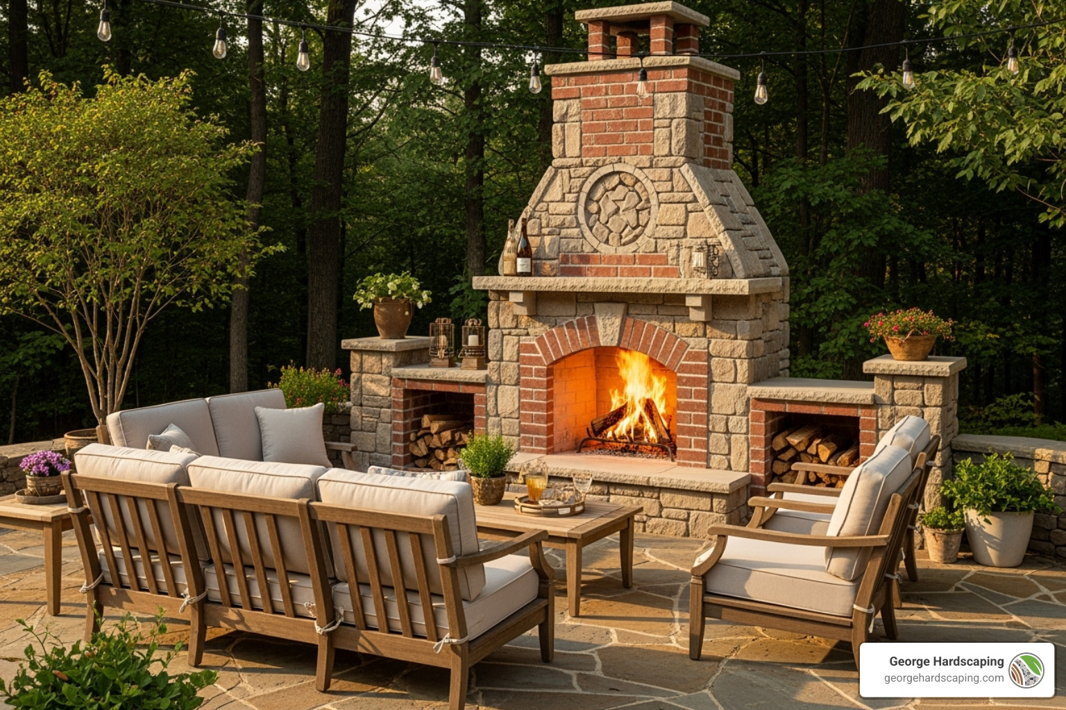 A detailed masonry fireplace showcasing a combination of brick and natural stone materials, perfectly integrated into a patio setting with comfortable seating around it. - patio and fireplaces A detailed masonry fireplace showcasing a combination of brick and natural stone materials, perfectly integrated into a patio setting with comfortable seating around it. - patio and fireplaces