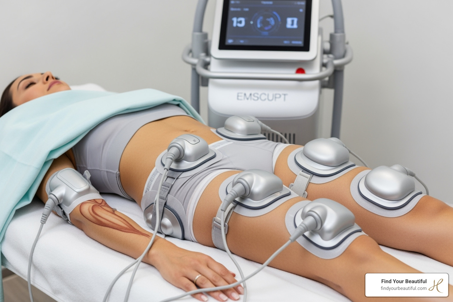 Image showing Emsculpt applicators placed on different body parts including abdomen, buttocks, arms, and thighs - EmSculpt before after