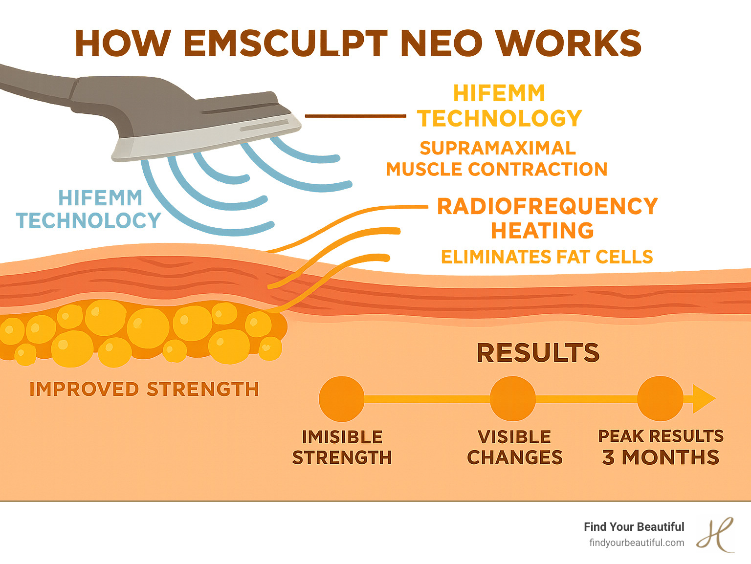 Detailed infographic showing EmSculpt Neo's dual-action mechanism with HIFEM technology creating supramaximal muscle contractions while radiofrequency heating eliminates fat cells, including timeline of results from immediate strength improvements to peak results at 3 months - EmSculpt before after infographic 