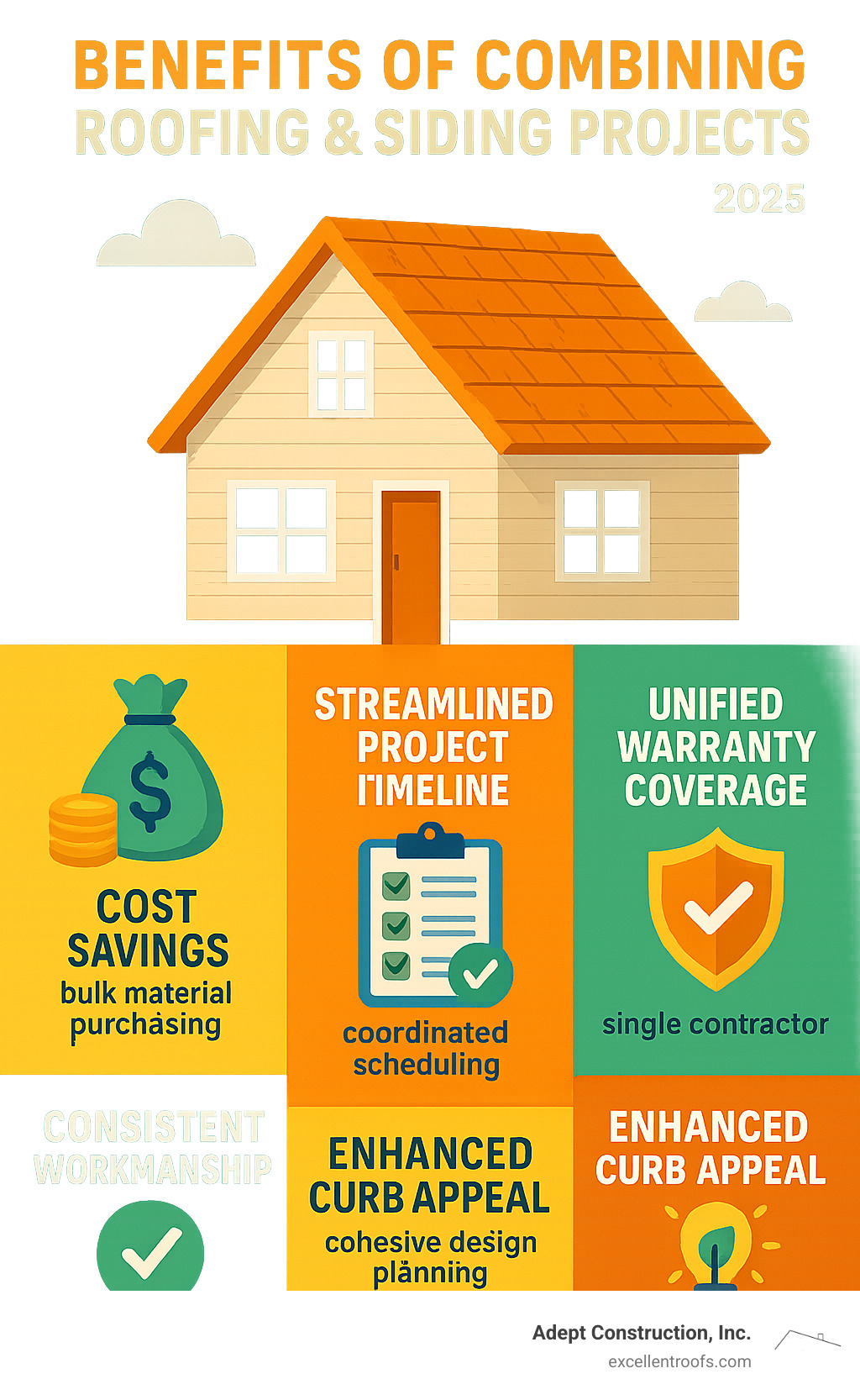 Comprehensive infographic showing the benefits of combining roofing and siding projects including cost savings through bulk material purchasing, streamlined project timeline with coordinated scheduling, unified warranty coverage from a single contractor, consistent workmanship quality across both services, and improved curb appeal through cohesive design planning - roofers and siding near me infographic 