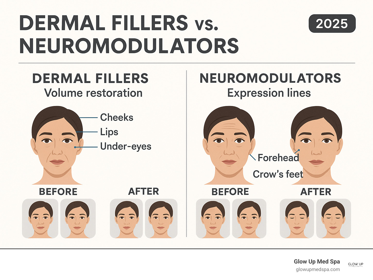 Infographic showing the difference between dermal fillers for volume restoration in cheeks, lips, and under-eyes versus neuromodulators for expression lines in forehead and crow's feet areas, with before and after comparisons - dermal fillers orange county infographic 