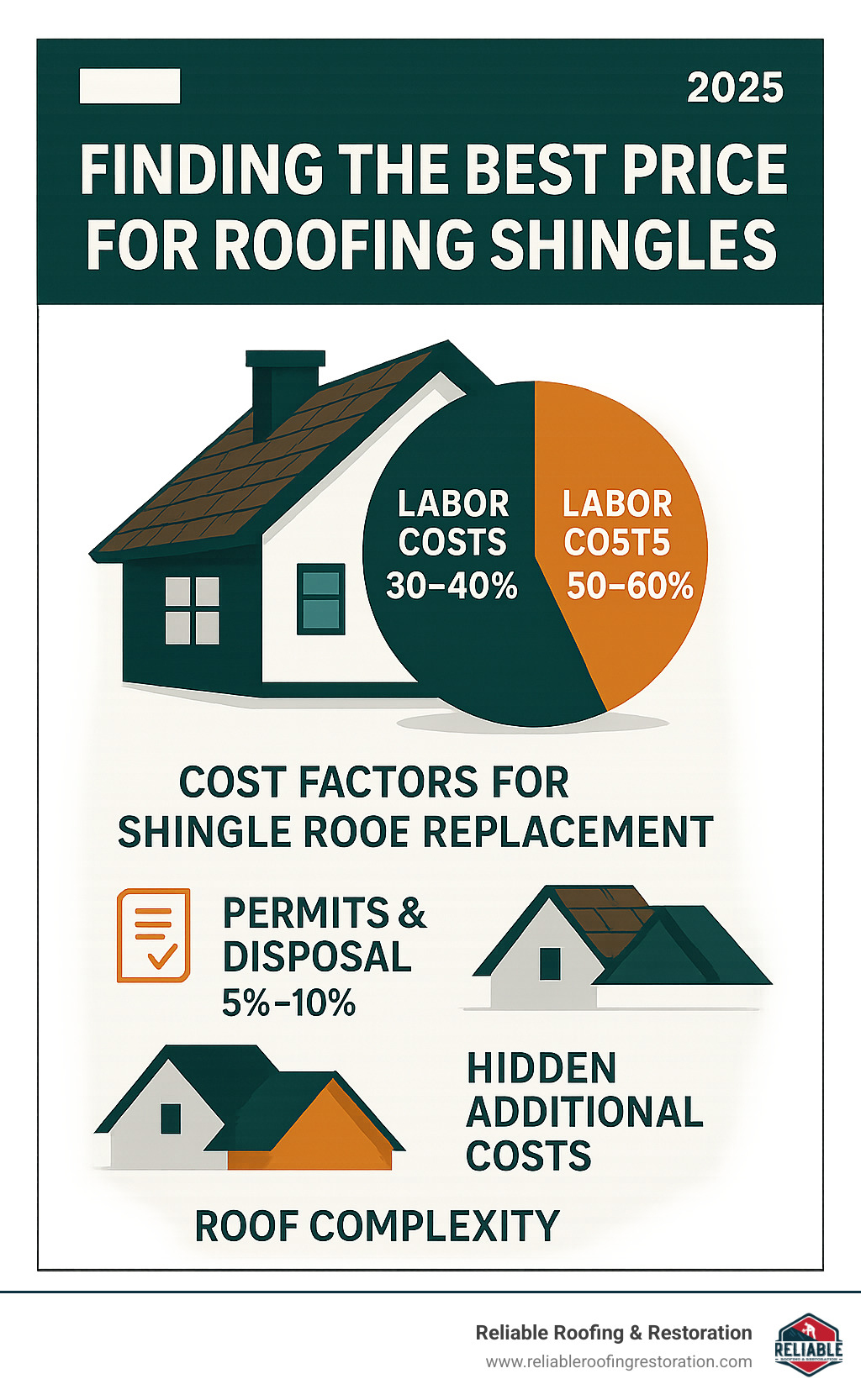 Comprehensive breakdown showing the 5 main cost factors for shingle roof replacement: material costs (30-40%), labor costs (50-60%), permits and disposal (5-10%), roof complexity multipliers, and hidden additional costs like underlayment and flashing - best price for roofing shingles infographic Comprehensive breakdown showing the 5 main cost factors for shingle roof replacement: material costs (30-40%), labor costs (50-60%), permits and disposal (5-10%), roof complexity multipliers, and hidden additional costs like underlayment and flashing - best price for roofing shingles infographic