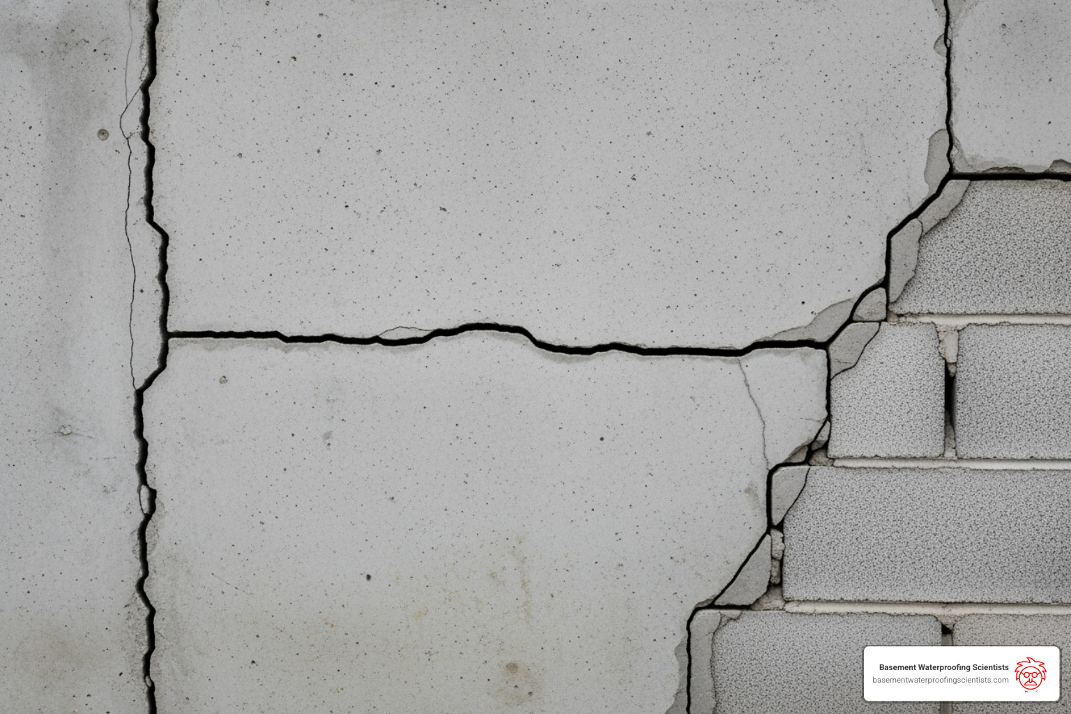 Image showing clear examples of vertical, horizontal, and stair-step cracks side-by-side - small foundation cracks